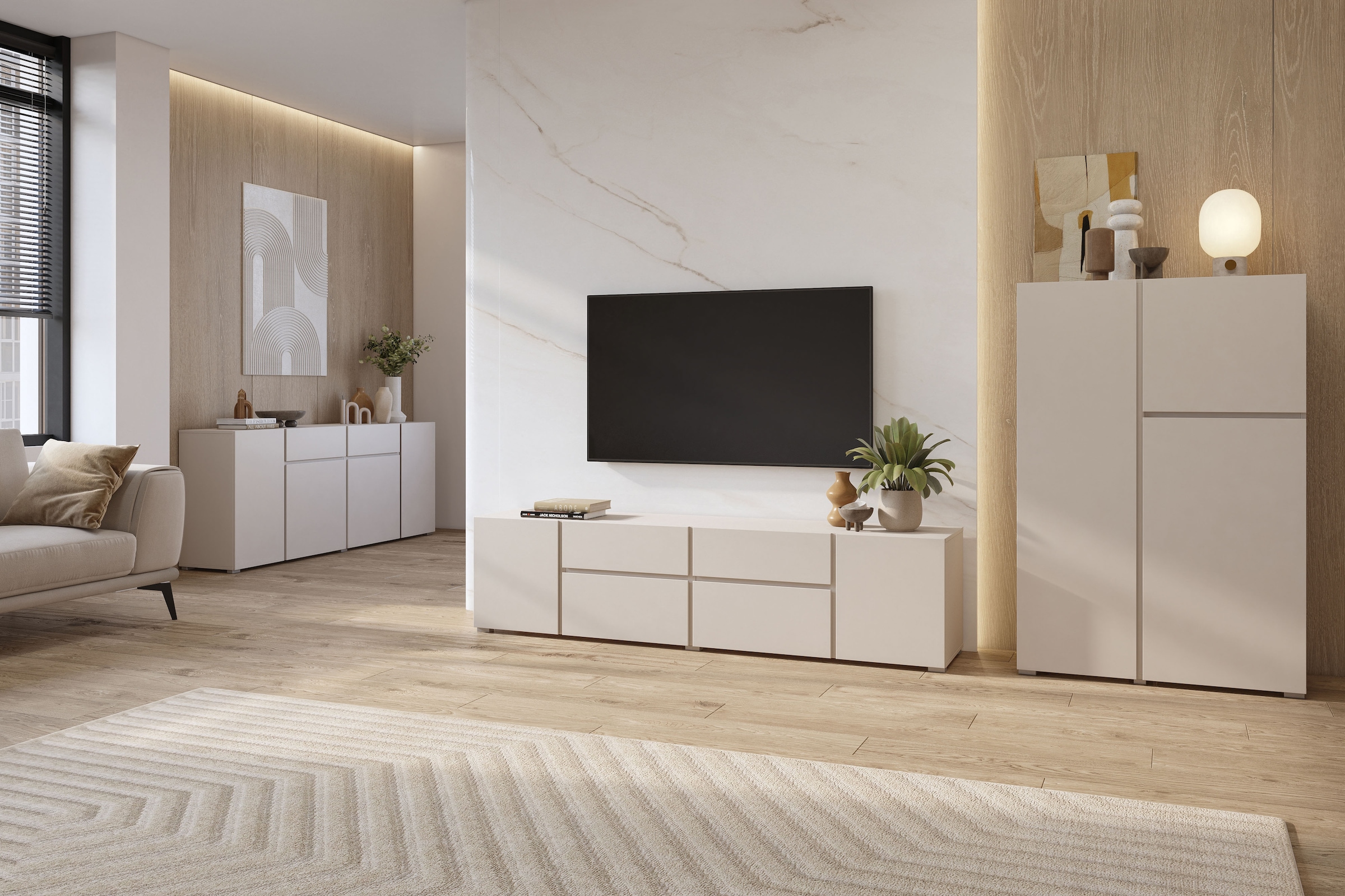 OTTO home Highboard »Metric,Breite 92cm, moderne grifflose Hochkommode 3 Türen,Highboard« Hochschrank mit viel Stauraum, Einlegeböden verstellbar, Türkommode