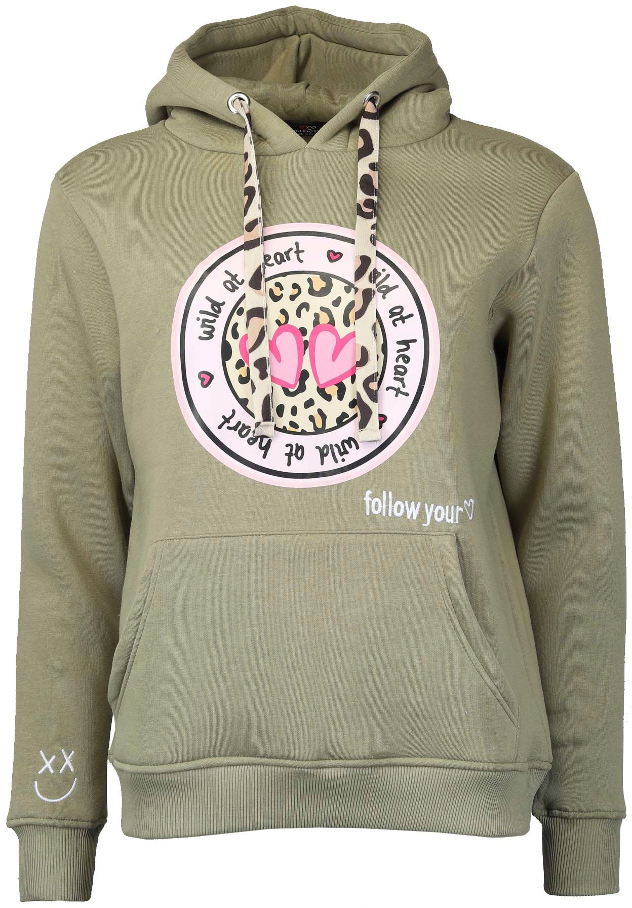 Zwillingsherz Hoodie, mit "Wild at Heart"-Aufdruck und Bindebänder in Leo-Optik