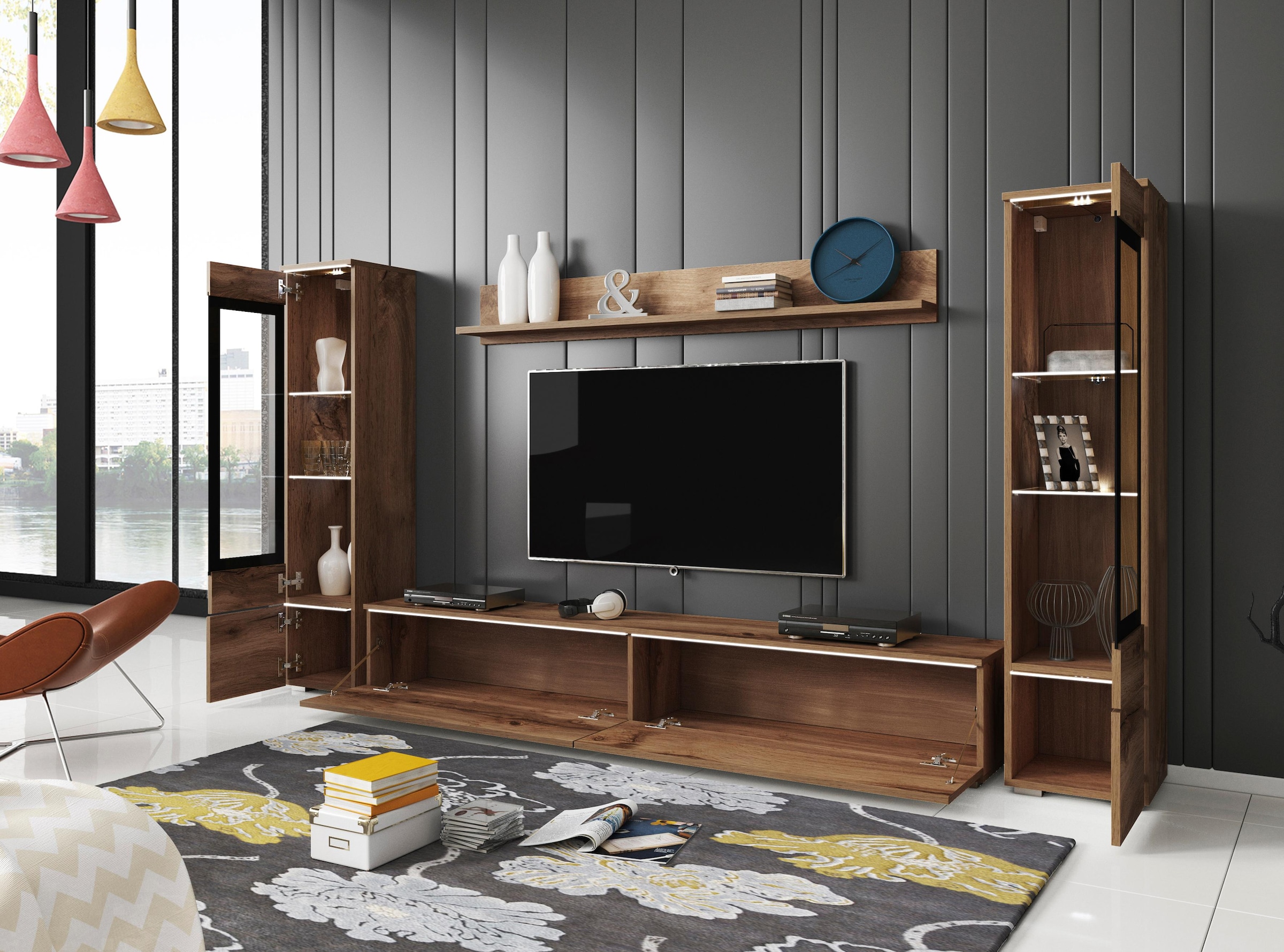 INOSIGN Wohnwand »VERA II, Vitrinen Türanschlag wechselbar«, (Komplett-Set, 4 St.), Mediawand 260 cm, Vitrine mit Verglasung, stehend und hängend