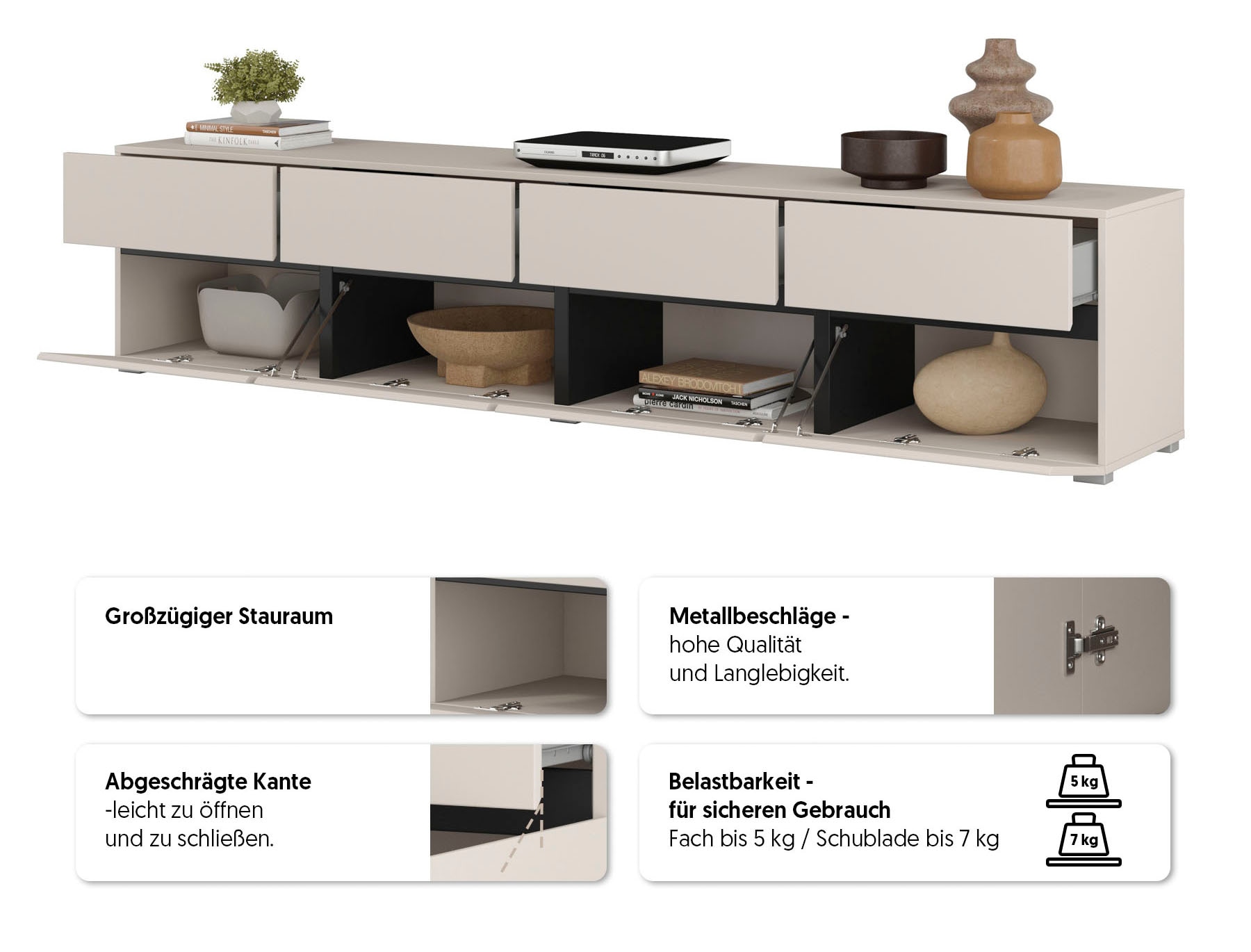 OTTO home Lowboard »Cross,Breite 225 cm, moderne grifflose TV-Kommode« TV-Schrank mit viel Stauraum, TV-Board