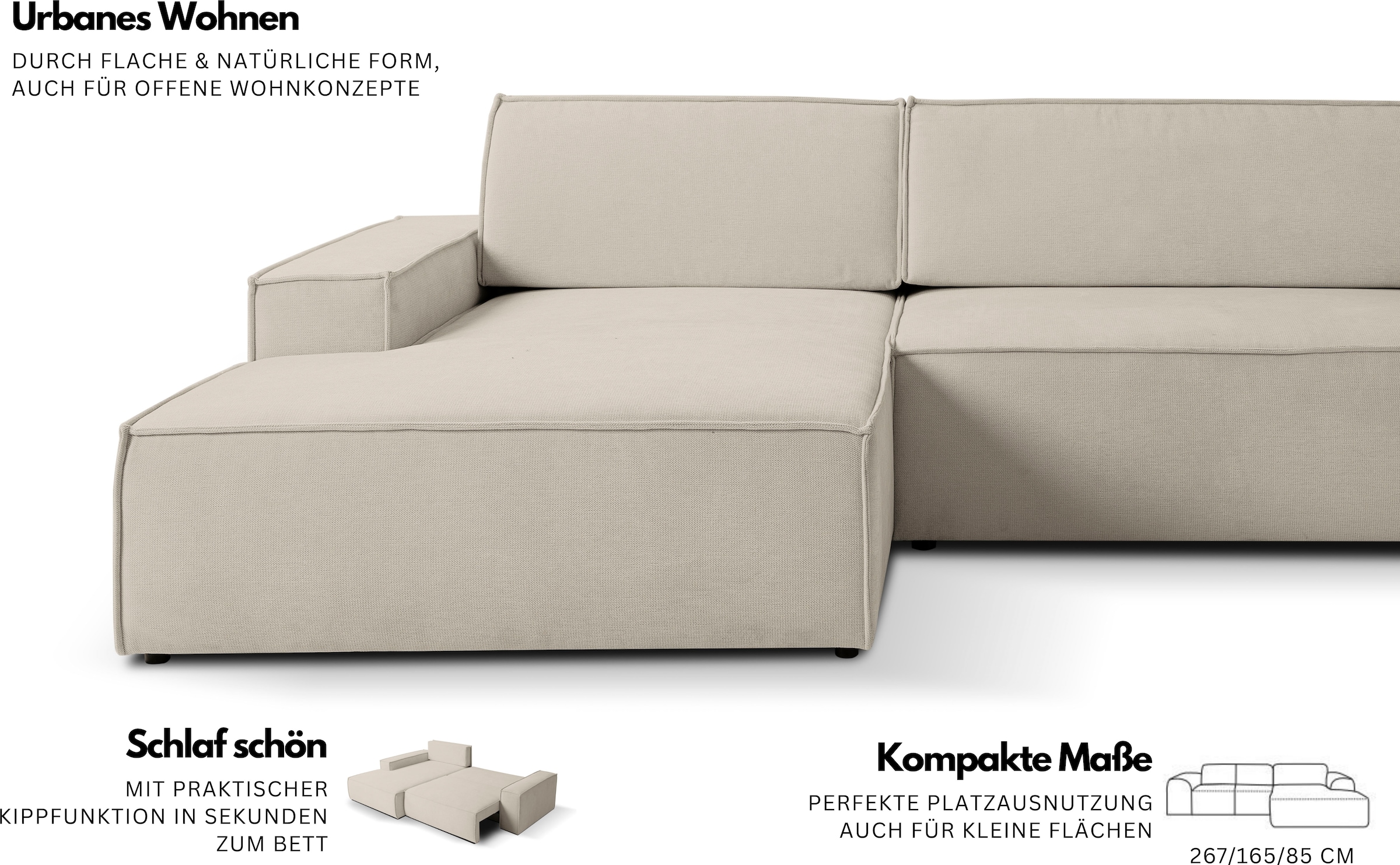 WERK2 Ecksofa »Treviso bequem, mit Bettfunktion und Bettkasten, Breite 267cm, L-Form« Moderne, teilmassive Polsterecke, Komfortpolsterung und losen Kissen.