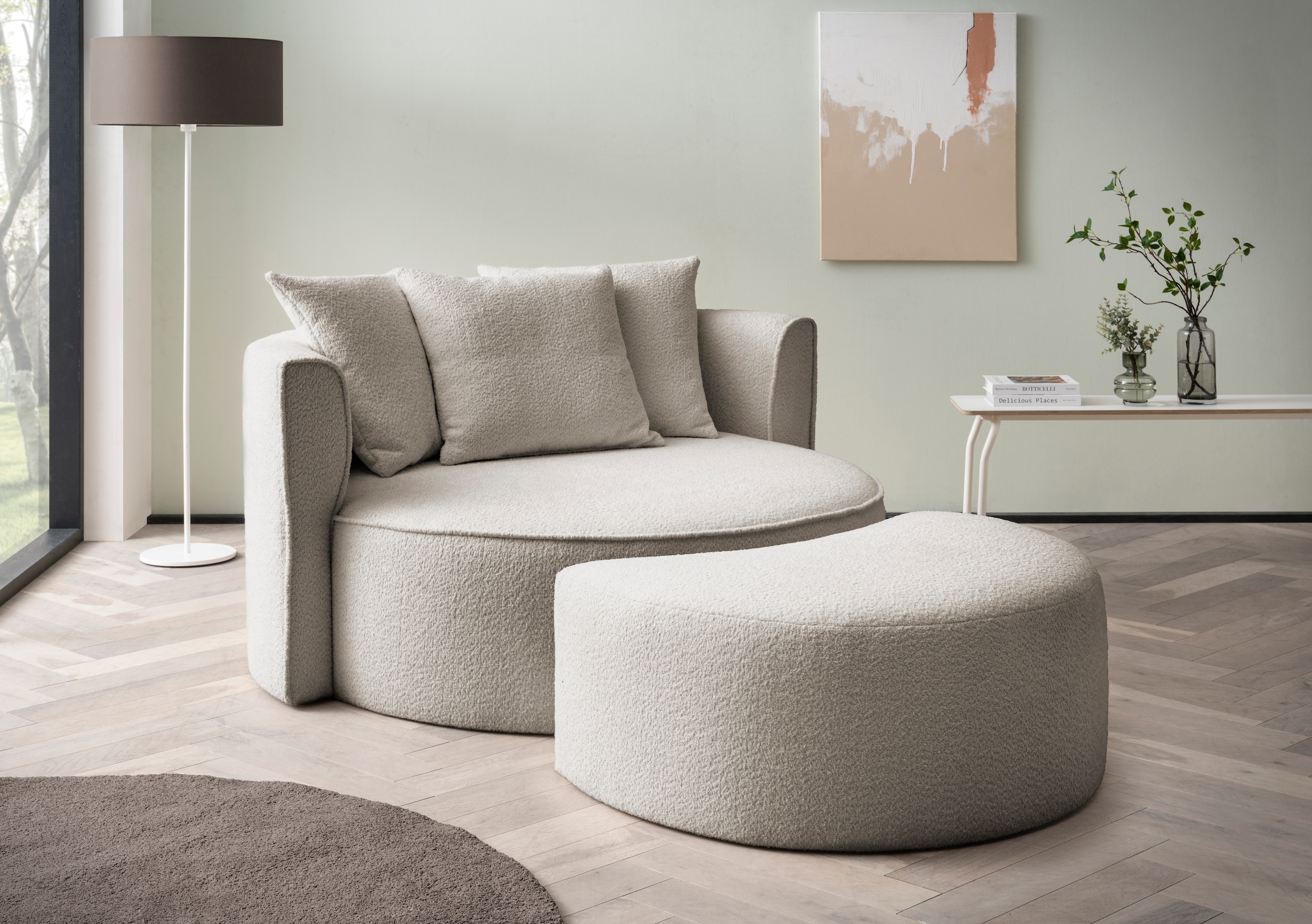 LeGer Home by Lena Gercke XXL-Sessel "ISALIE, Rundsessel mit Hocker, Lesesessel, Loveseat, Big-Sessel" Set, trendige Stoffe, 3 Zierkissen, große Sitzfläche, Cord, Samt, Bouclé