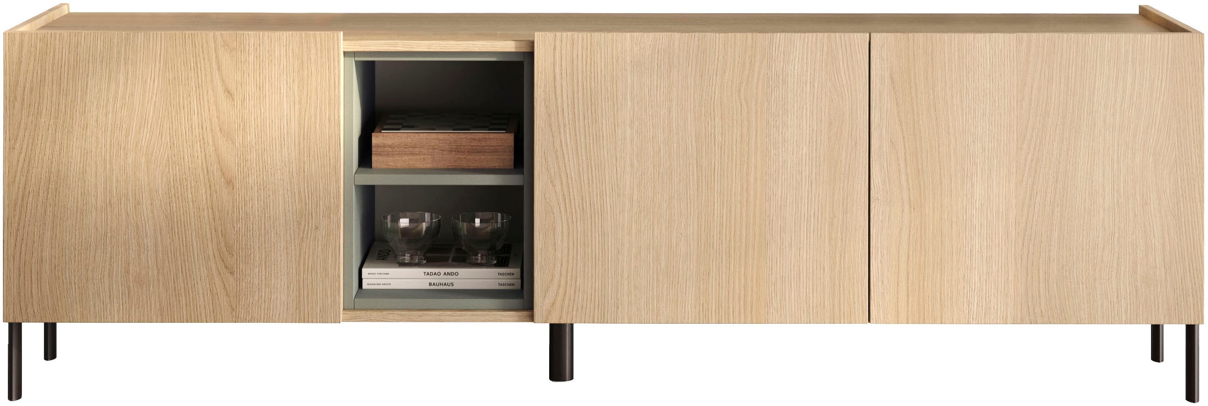 OTTO home Lowboard »Badia, 182 cm breit, 3 Türen, Mediaboard, TV-Schrank« Innenliegendes Top, gerade Metallfüße, salbeigrüne Farbakzente