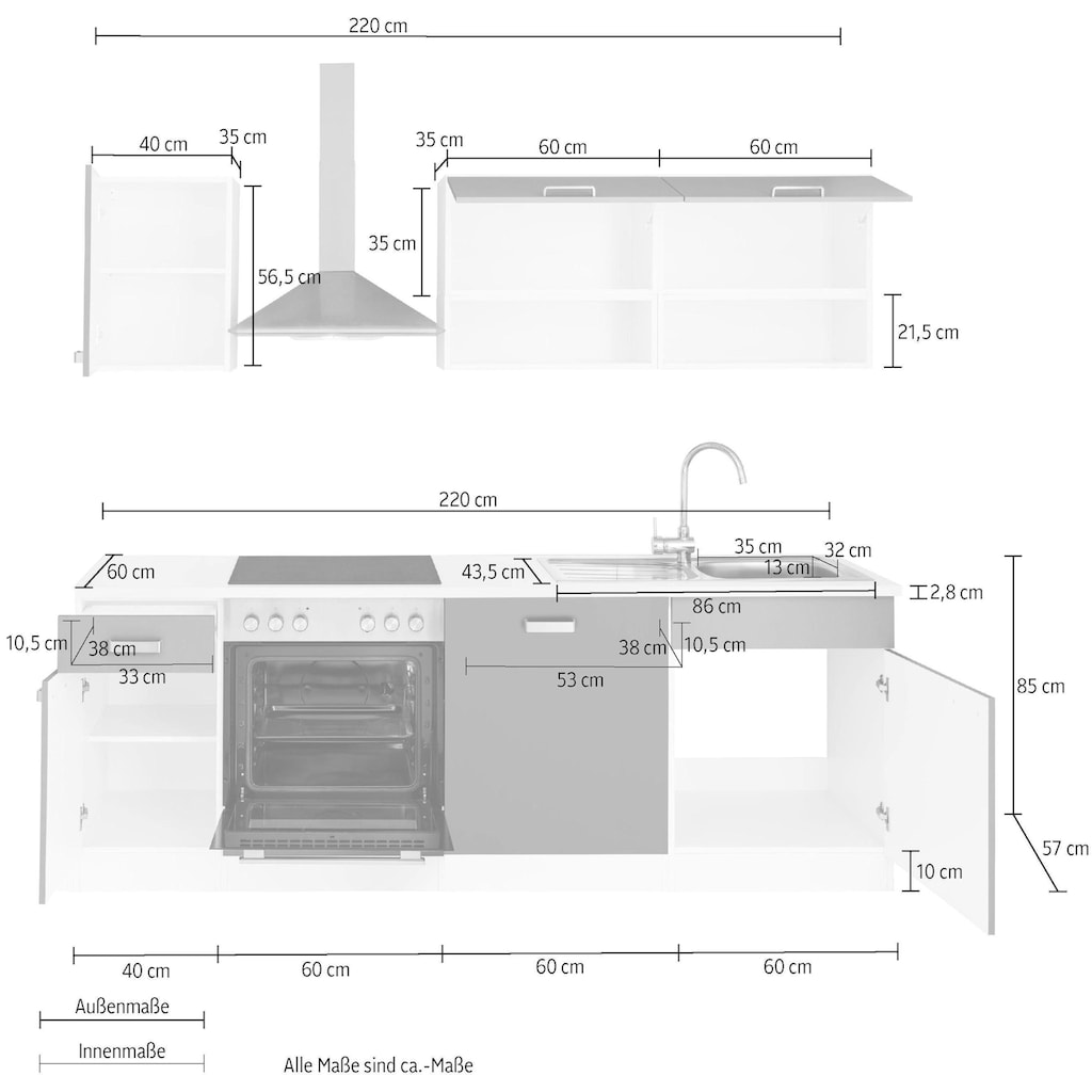 wiho Küchen Küchenzeile »Husum«, ohne E-Geräte, Breite 220 cm