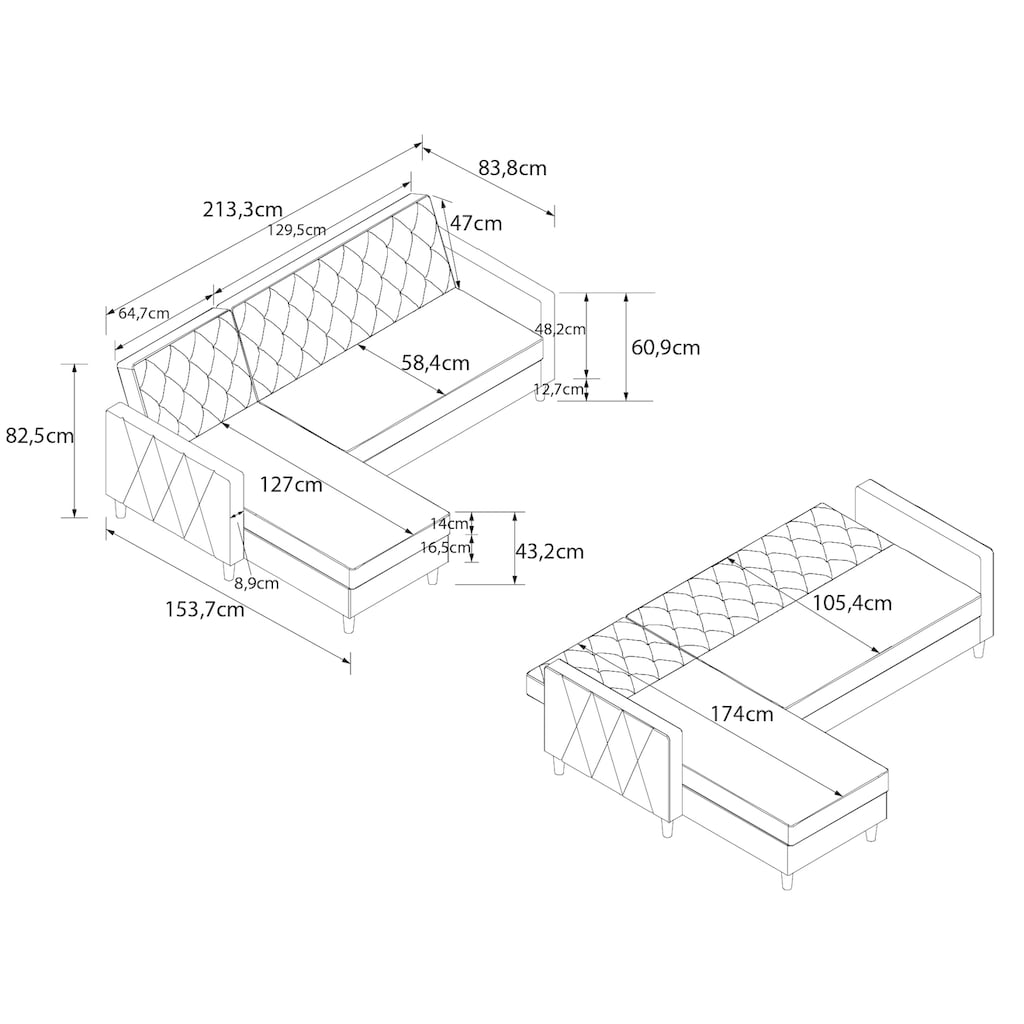 Cosmo Living Ecksofa »Liberty«, mit Schlafffunktion, Recamiere mit Stauraum beidseitig montierbar