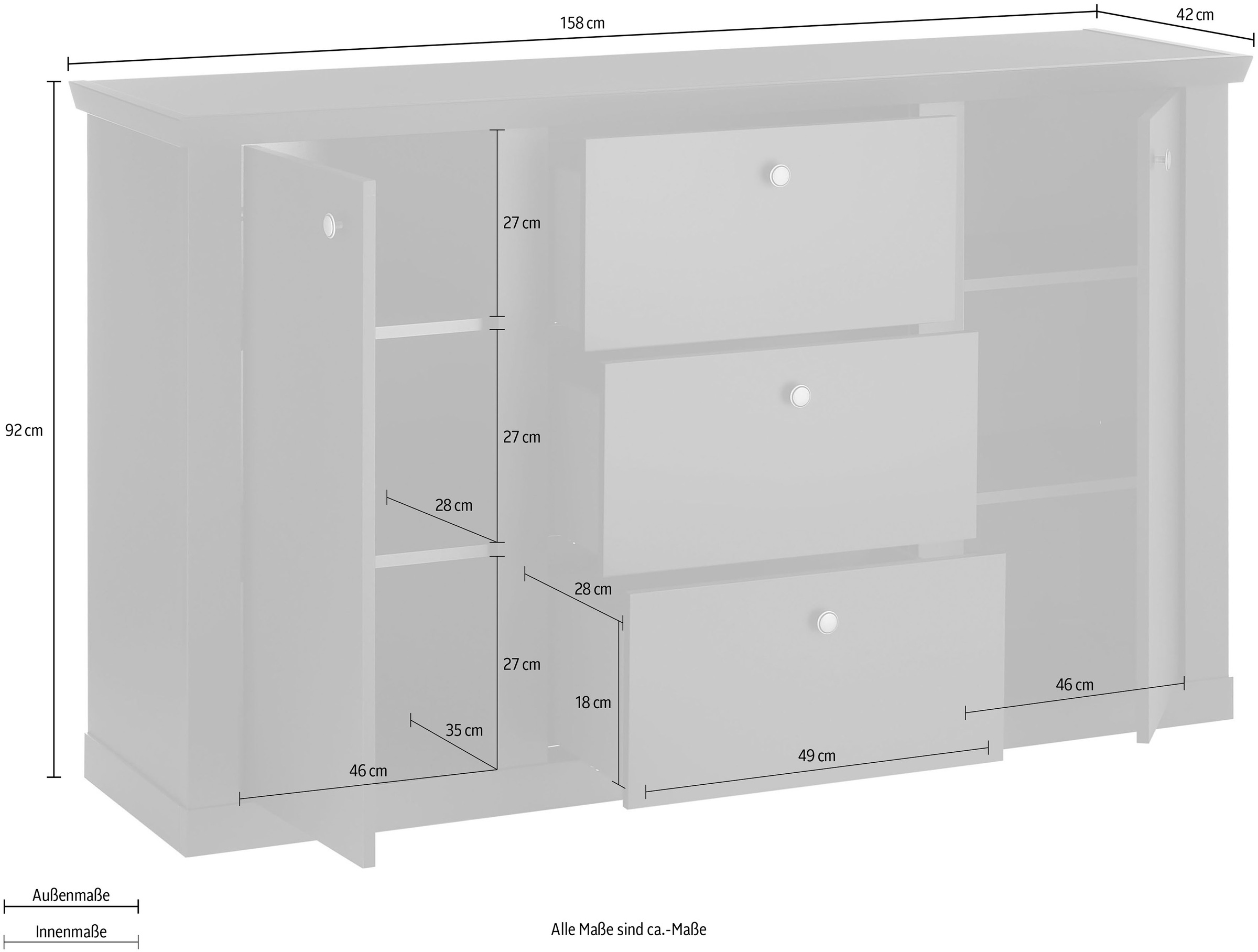 Home affaire Sideboard »Lincoln, moderner Schrank, schwarze Kommode, 158 cm breit« edles Design, messingfarbene Knopfgriffe, in 2 Größen verfügbar