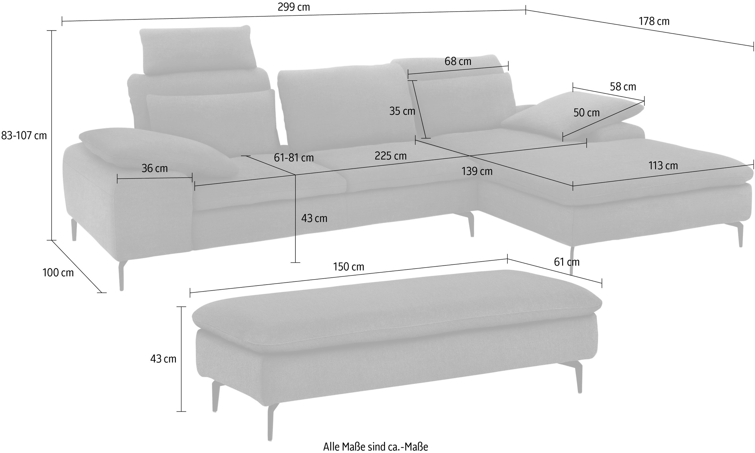 W.SCHILLIG Ecksofa »valentinoo, Designsofa, bequem, elegant und zeitlos, L-Form«, (Set), inklusive Hocker, mit Sitztiefenverstellung, Breite 299 cm