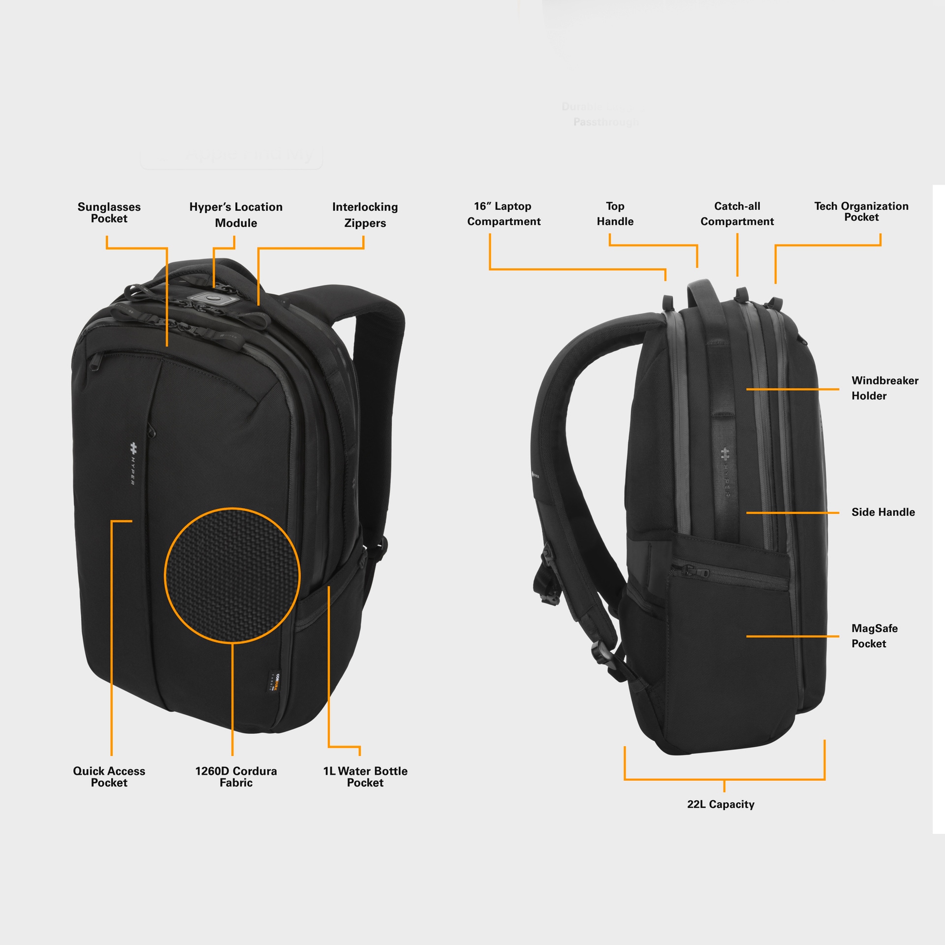 Hyper Notebook-Rucksack »HyperPack Pro Rucksack«, mit integriertem GPS Tracker works with Apple Find My