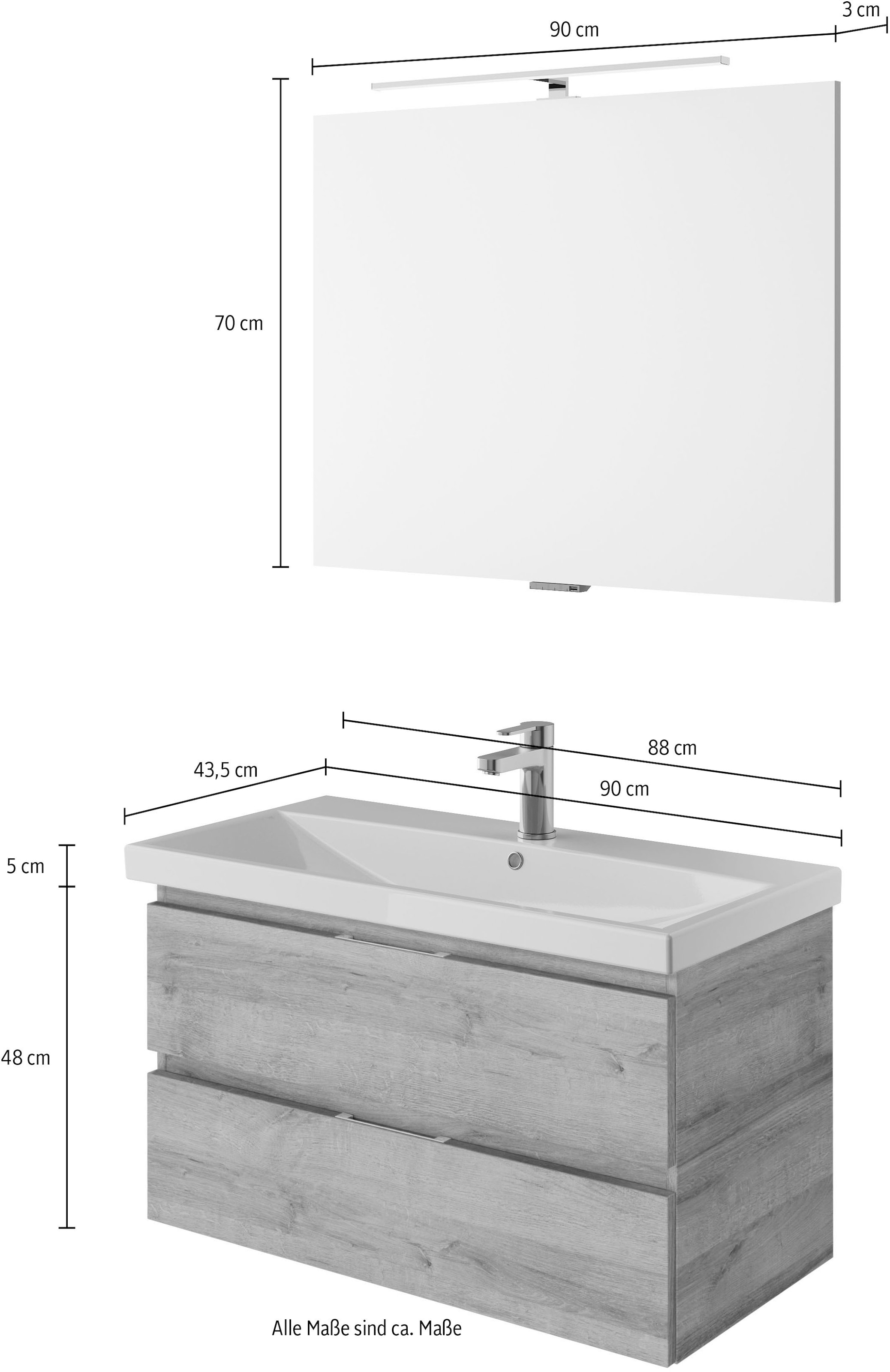 Saphir Badmöbel-Set »Serie 4035 2-teilig, Keramikwaschtisch mit LED-Spiegel, 90 cm breit«, (Set), Badezimmer-Set inkl. Türdämpfer, 2 Schubladen, Waschplatz