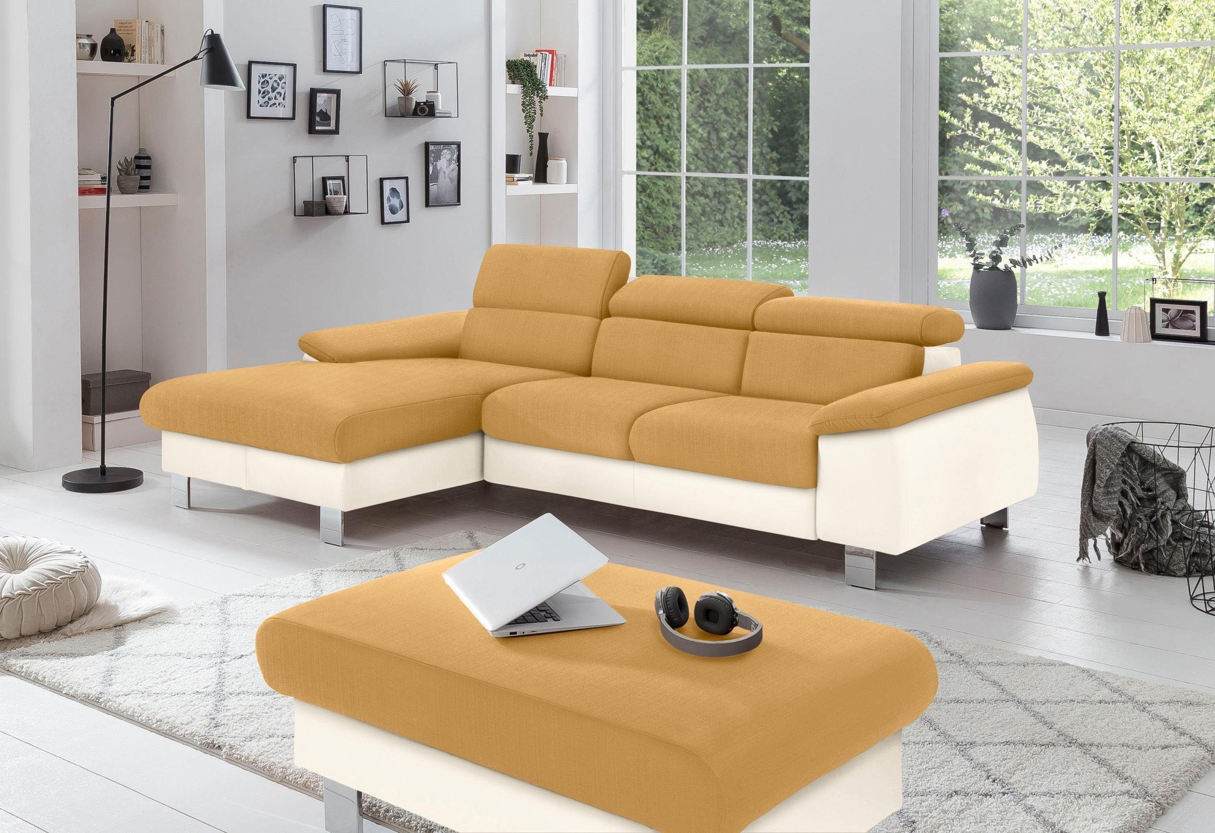 COTTA Polstergarnitur »Komaris L-Form, B: 242 bzw. 100 cm (Set: Ecksofa & Hocker)«, (Set), mit Kopfteilverstellung, optional Bettfunktion, Bettkasten & Licht
