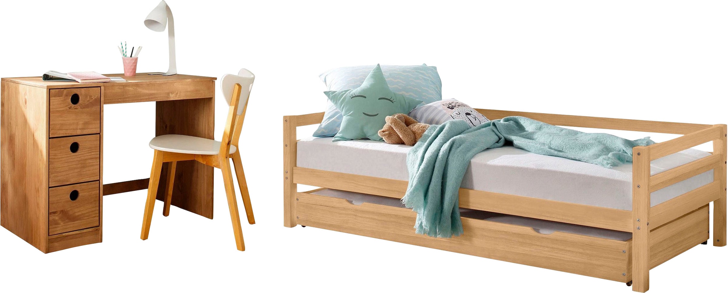 Lüttenhütt Jugendzimmer-Set »Alpi«, (Spar-Set, 2 tlg.), Daybed mit 2. Liegefläche und Schreibtisch mit Stauraum, platzsparend