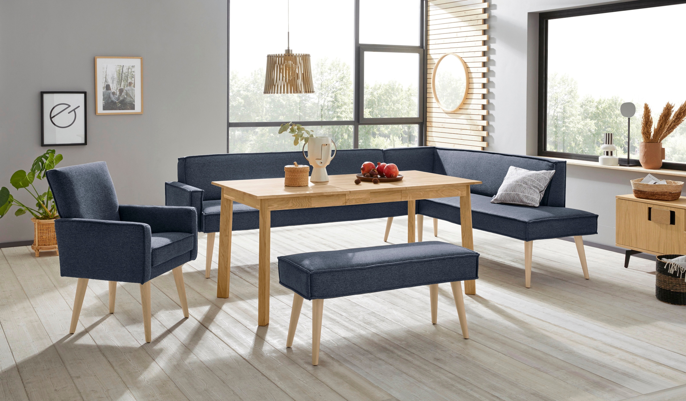 exxpo - sofa fashion Eckbank »Lungo, moderne Kedernaht, bequem und elegant, hoher Holzfuß«, hochwertige Detailverarbeitung, frei im Raum stellbar