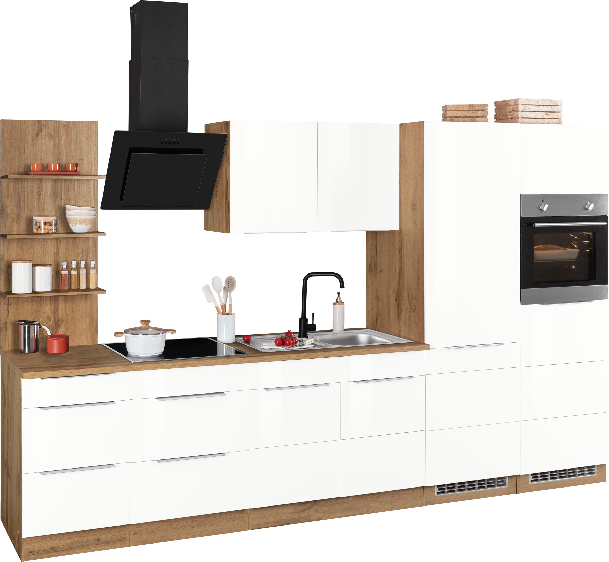 KOCHSTATION Küchenzeile »KS-Brindisi Breite 330 cm« wahlweise mit E-Geräten und Induktion, mit MDF-Fronten und Regal