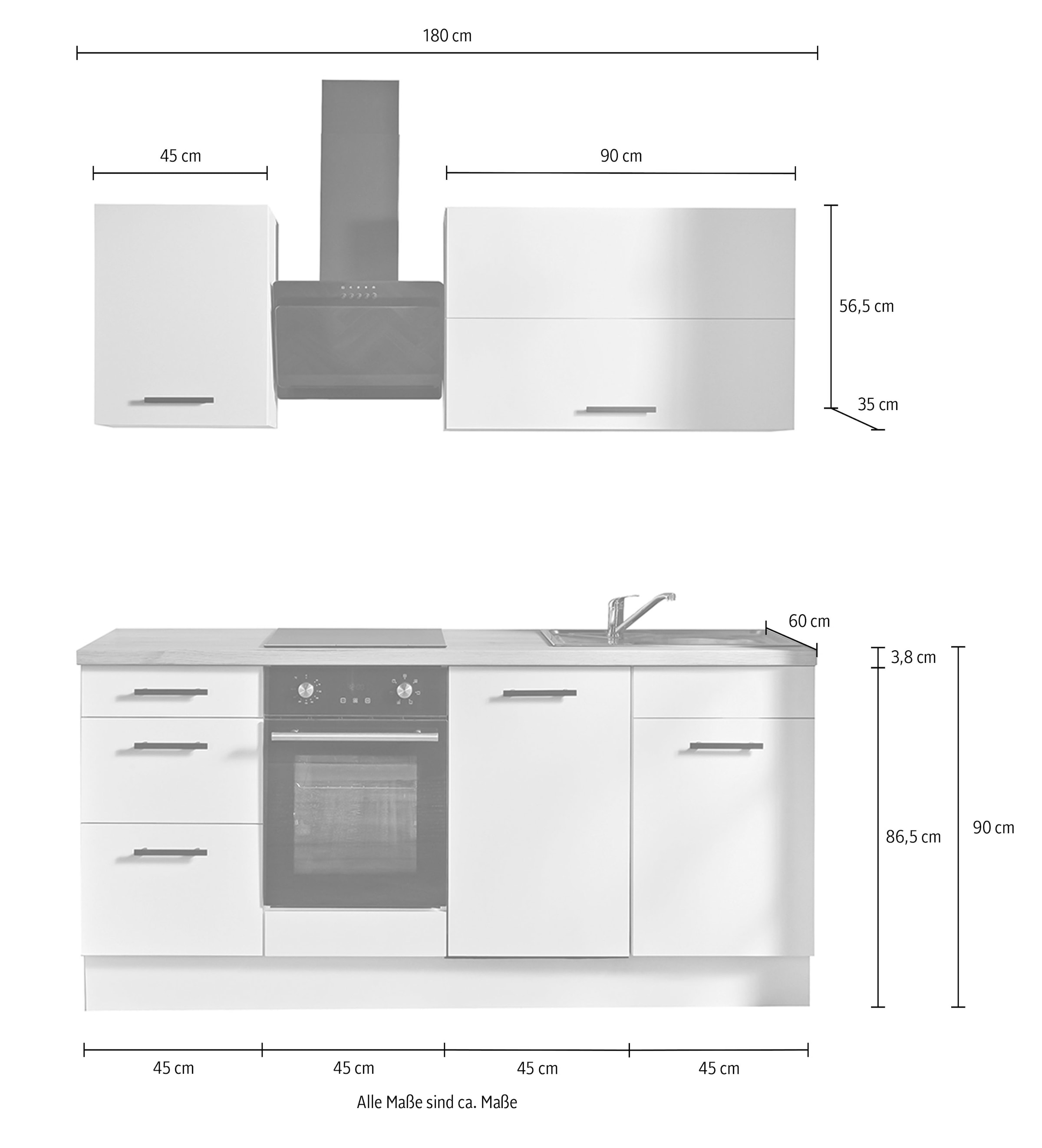 wiho Küchen Küchenzeile »Fortyfive, Breite 180 cm,« Soft-Close-Funktion in Schubkästen & Auszügen, höhenverstellbare Füße