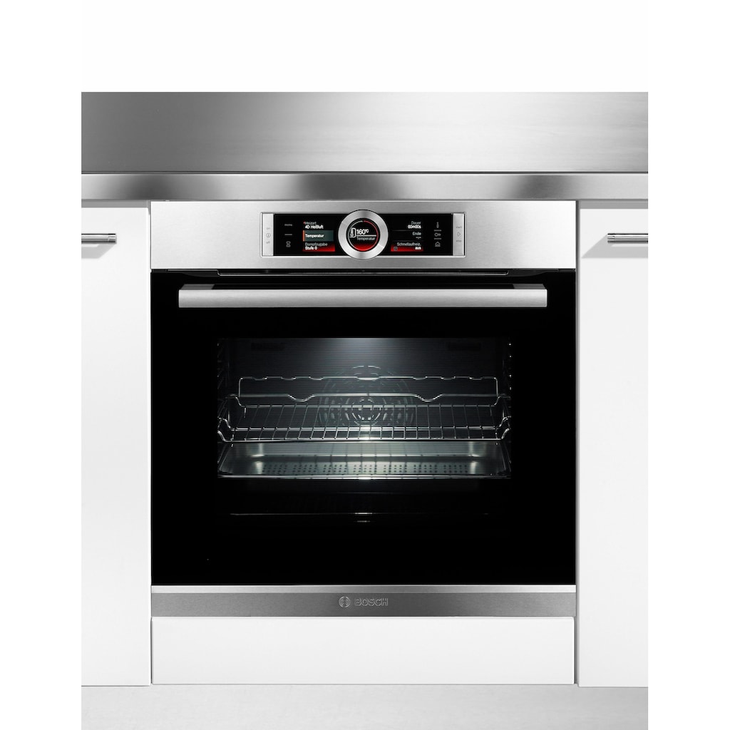 BOSCH Dampfbackofen »HSG636B«, Serie 8, mit Teleskopauszug nachrüstbar, ecoClean Direct, 4D-Heißluft-Eco-Ober-/Unterhitze Eco-Umluft-Infra-Grill-Großflächengrill-Kleinflächengrill-Pizzastufe-Sanftgaren-Vorwärmen-Warmhalten, mit Auftaufunktion