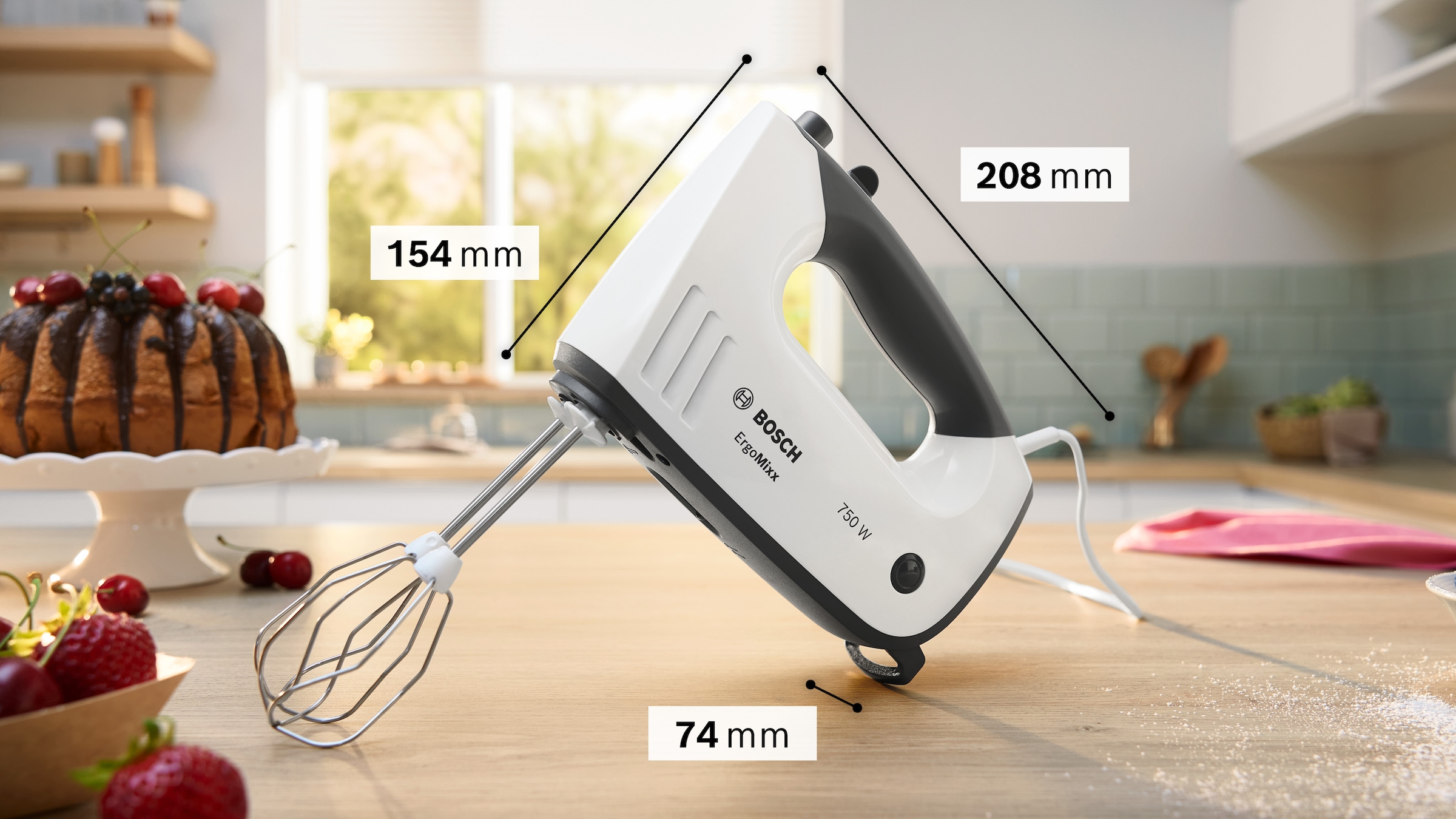 BOSCH Handmixer »ErgoMixx MFQ37480, Edelst. Rührbesen/Knethaken, Mixfuß, weiß/grau«, 750 W, Zerkleinerer, Becher, 5 Stufen, Turbotaste, Made in Europe