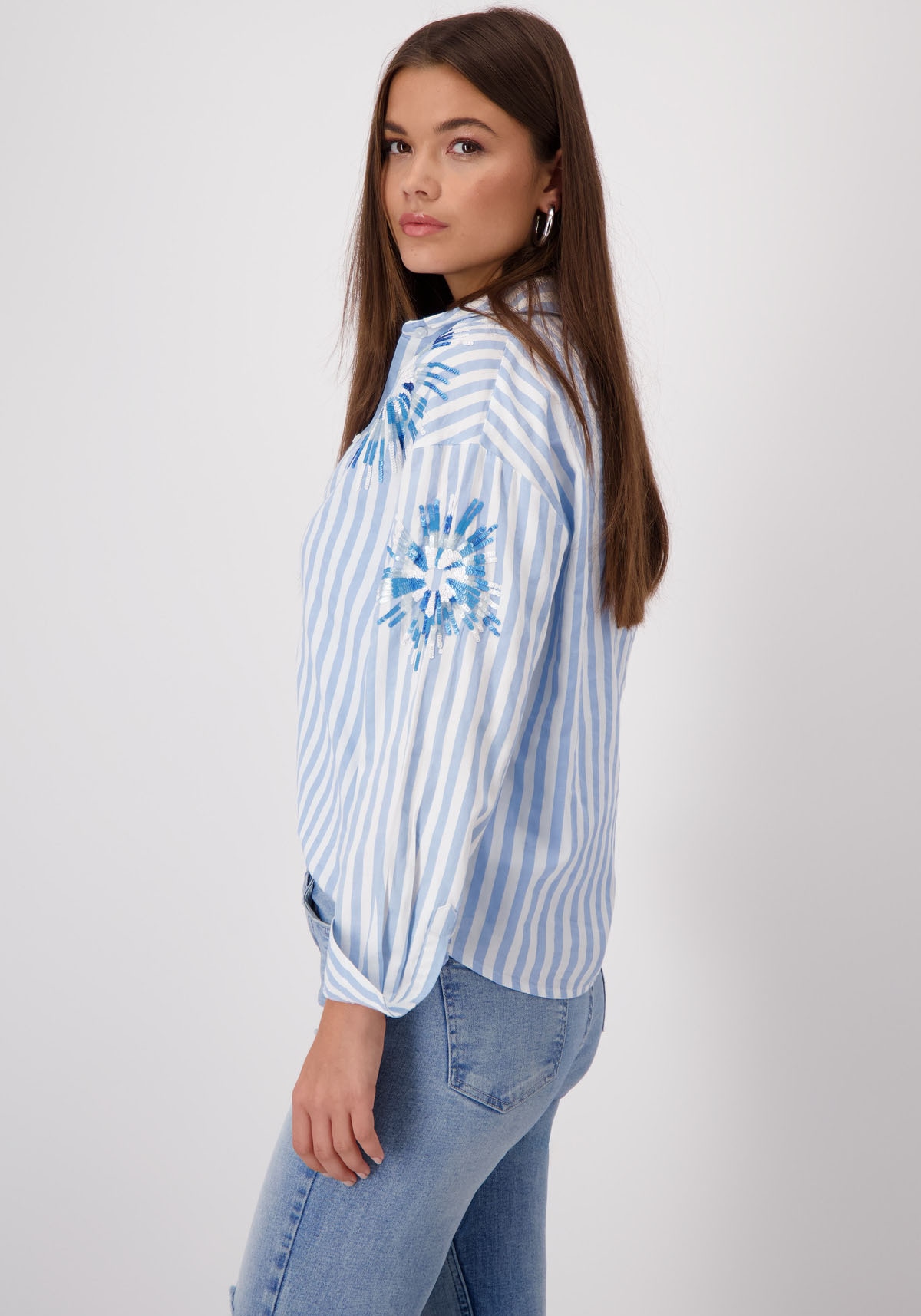 Monari Hemdbluse, mit Streifen und Blumenstickerei