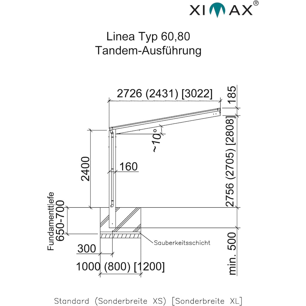 Ximax Doppelcarport »Linea Typ 80 Tandem-Edelstahl-Look«, Aluminium, 257 cm, edelstahlfarben