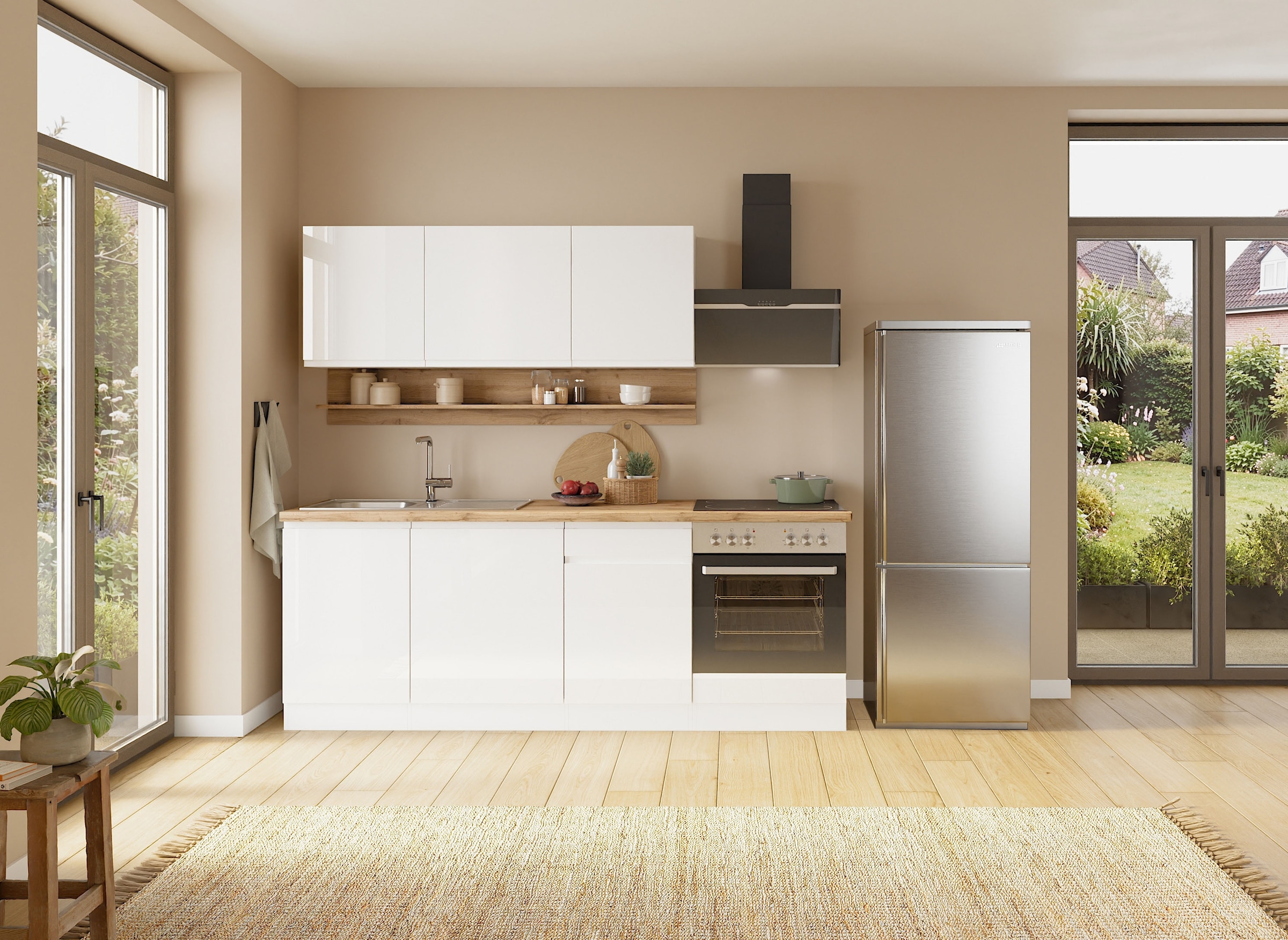 KOCHSTATION Küchenzeile »KS-Virginia,neu in verbesserter Ausführung« Arbeitsplatte 38 mm stark, Stauraum, Softclose,  Breite 220 cm, Soft-Close, wahlweise mit E-Geräten
