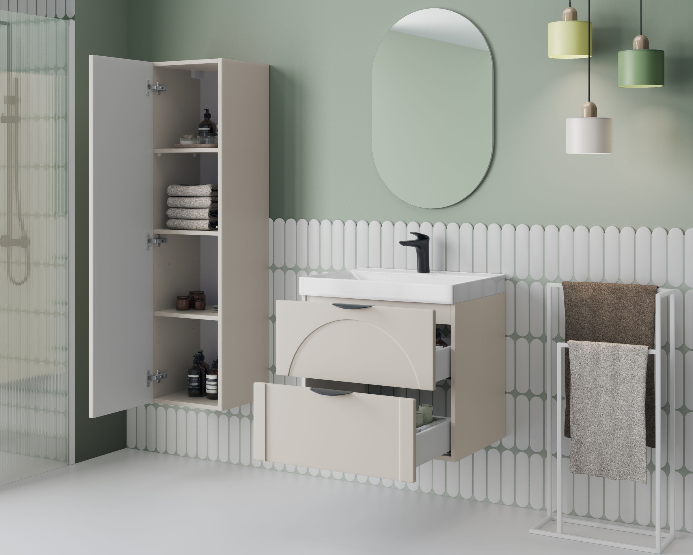 welltime Hängeschrank »FLOW CIRCLE rechts/links montierbar, Breite 35 cm, modernes Design« Schrank mit 3 Einlegeböden, Push-to-open-Function