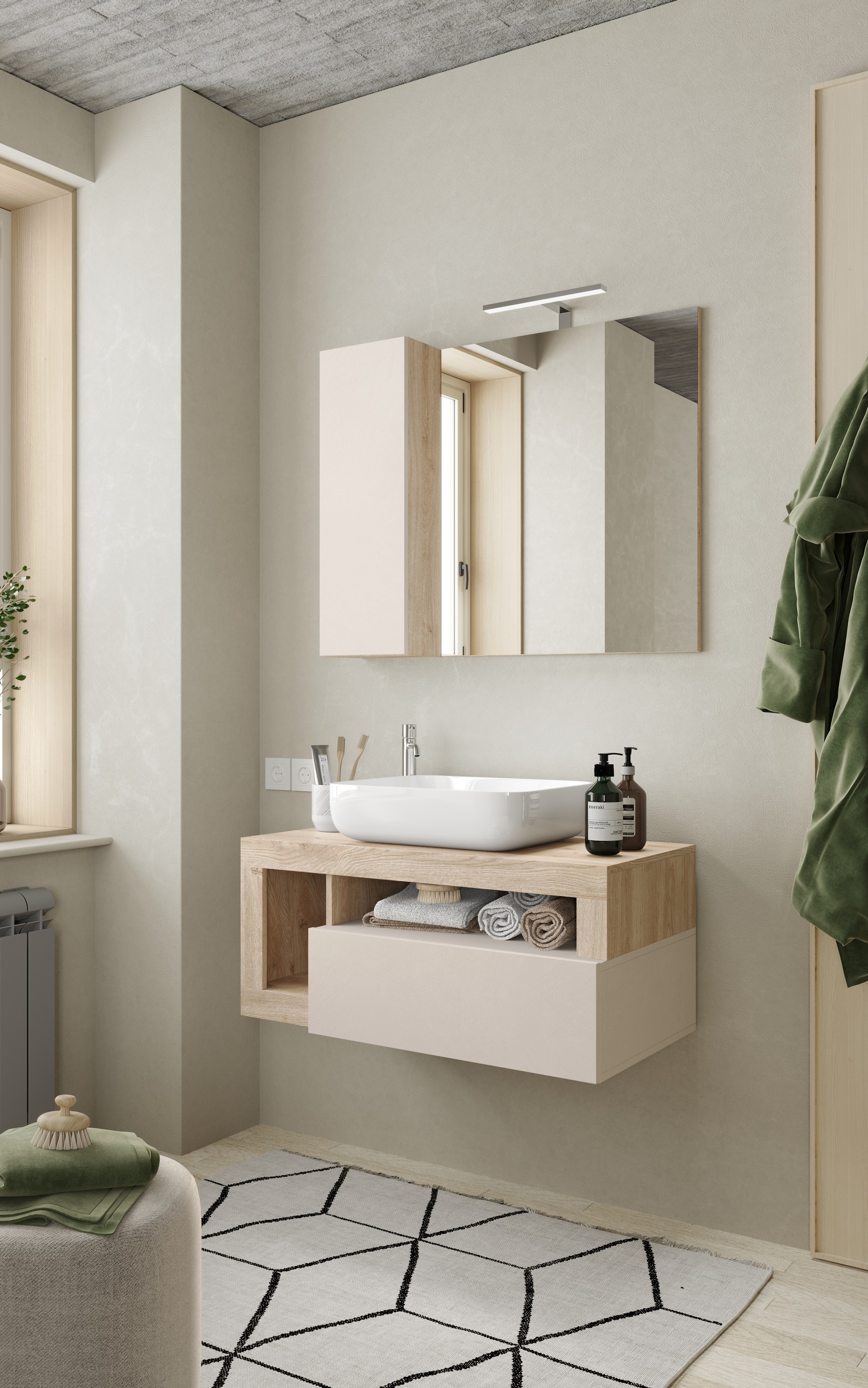 welltime Badmöbel-Set »Hamburg, Badezimmerset 2tlg. Breite 92 cm, Badmöbel, Waschtisch inkl.«, (Spar-Set, 2 St.), Waschbecken, Spiegelschrank mit LED Aufbauleuchte, Soft-Close-Funktion