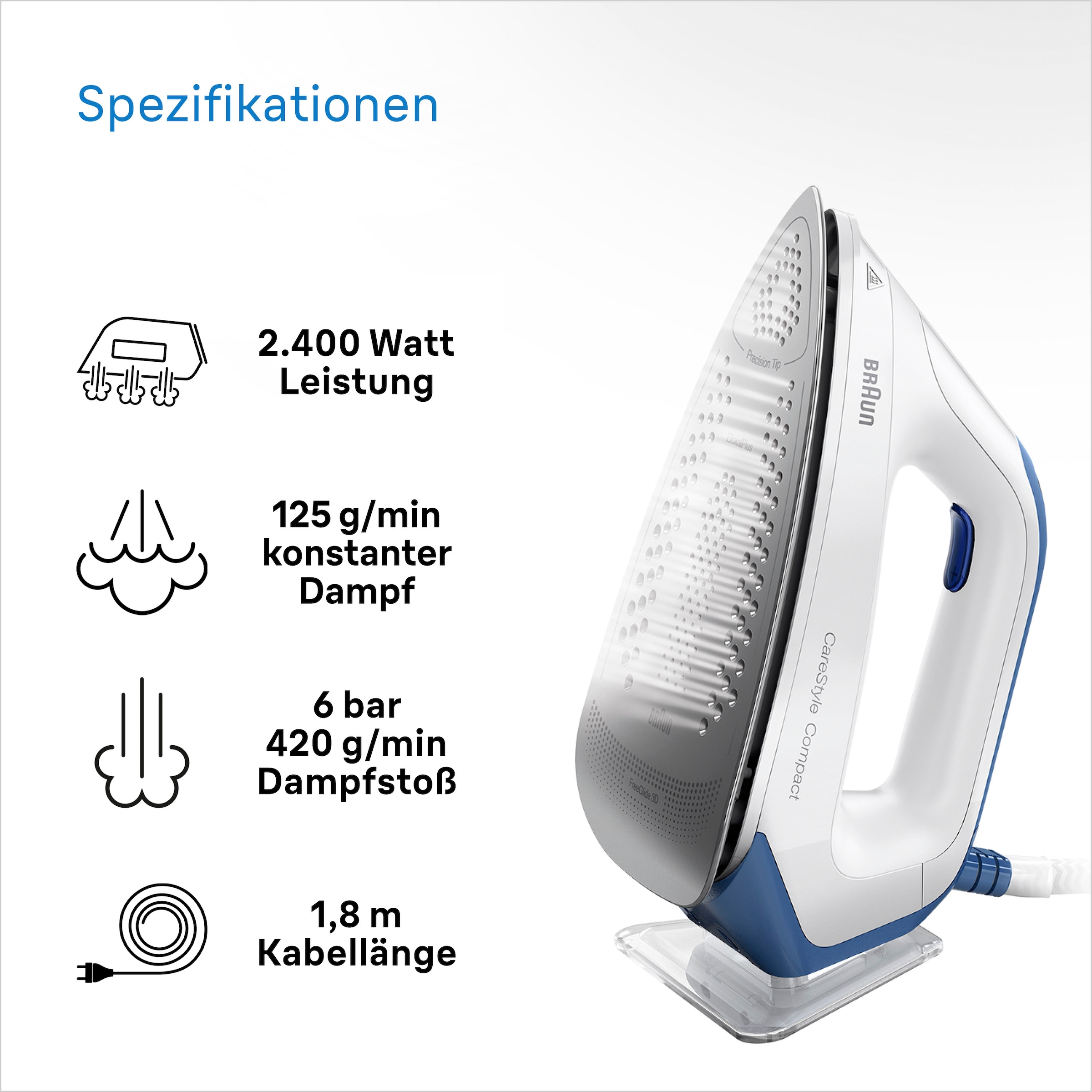 Braun Dampfbügelstation »CareStyle Compact IS2143BL«, blau, max. Dampfmenge 420g/min, Rückwärtsbügeln über Knöpfe