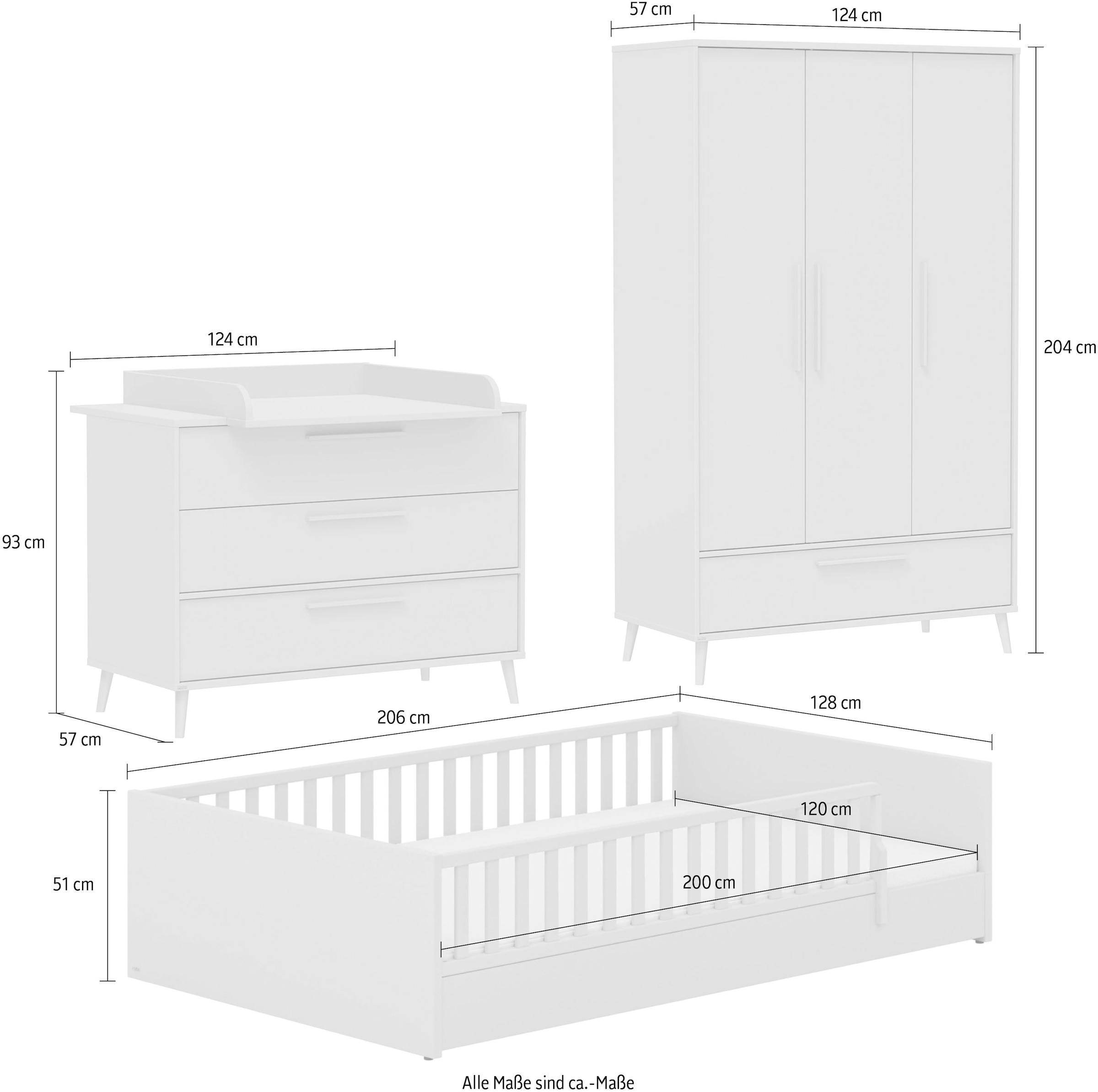 PAIDI Babymöbel-Set »LITTLE FLO, 4-teiliges Kinderzimmer in Beige, hochwertiges Komplettset« Spar-Set, 120x200cm Bodenbett, Kleiderschrank 3-türig, Wickelkommode & Aufsatz, 4 tlg. Jugendzimmer, Soft-Close, mitwachsendes Bett - 3-fach umbaubar