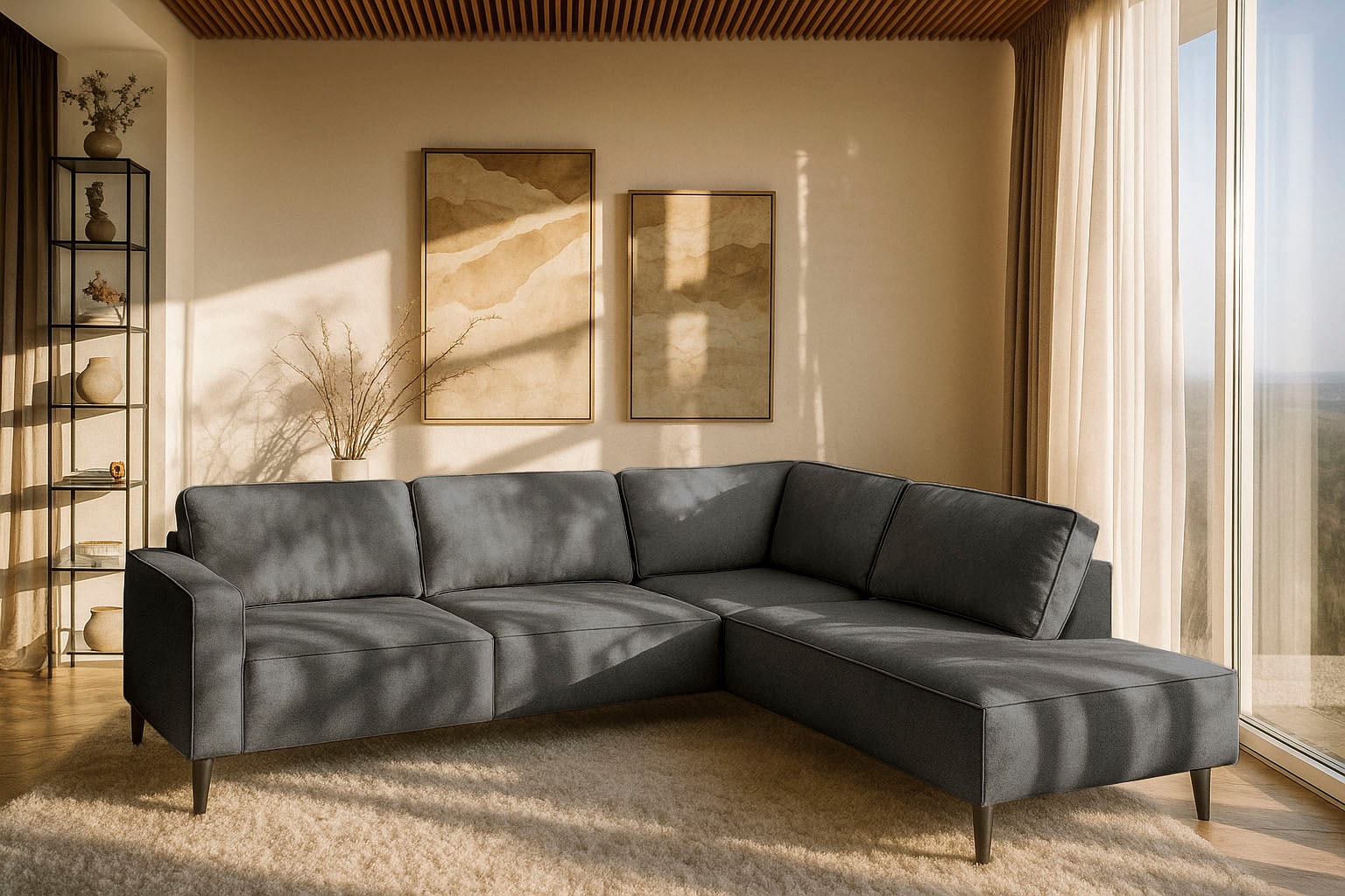 Home affaire Ecksofa »Fumone, Lederoptik oder Soft-Touch Chenille« Breite 260, mit schwarzen Massivholzfüßen