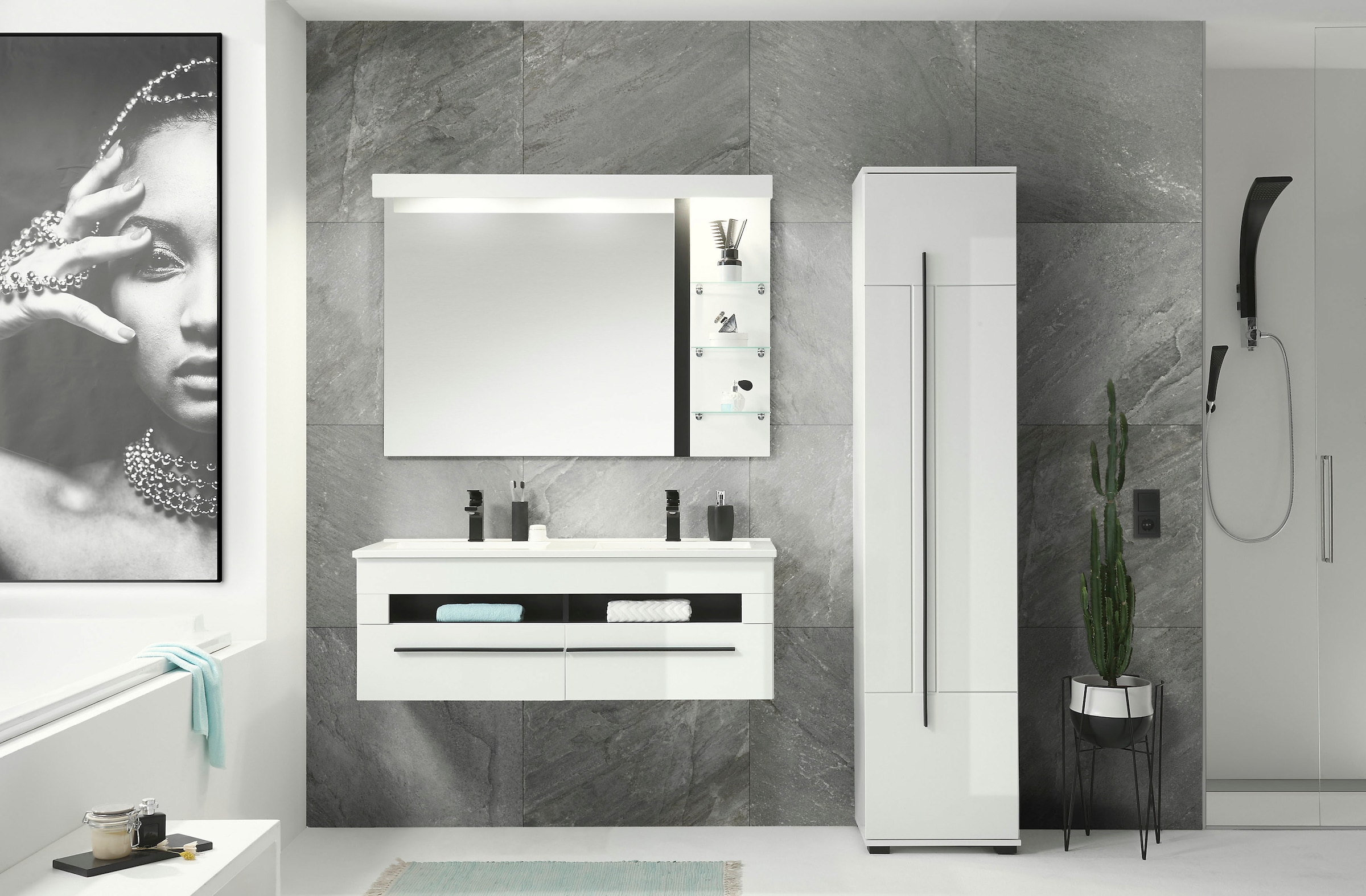 Home affaire Hochschrank »Cantara, Badschrank in Hochglanz Weiß, Hochschrank im modernen Design« mit schwarzen Griffen, ausreichend Stauraum