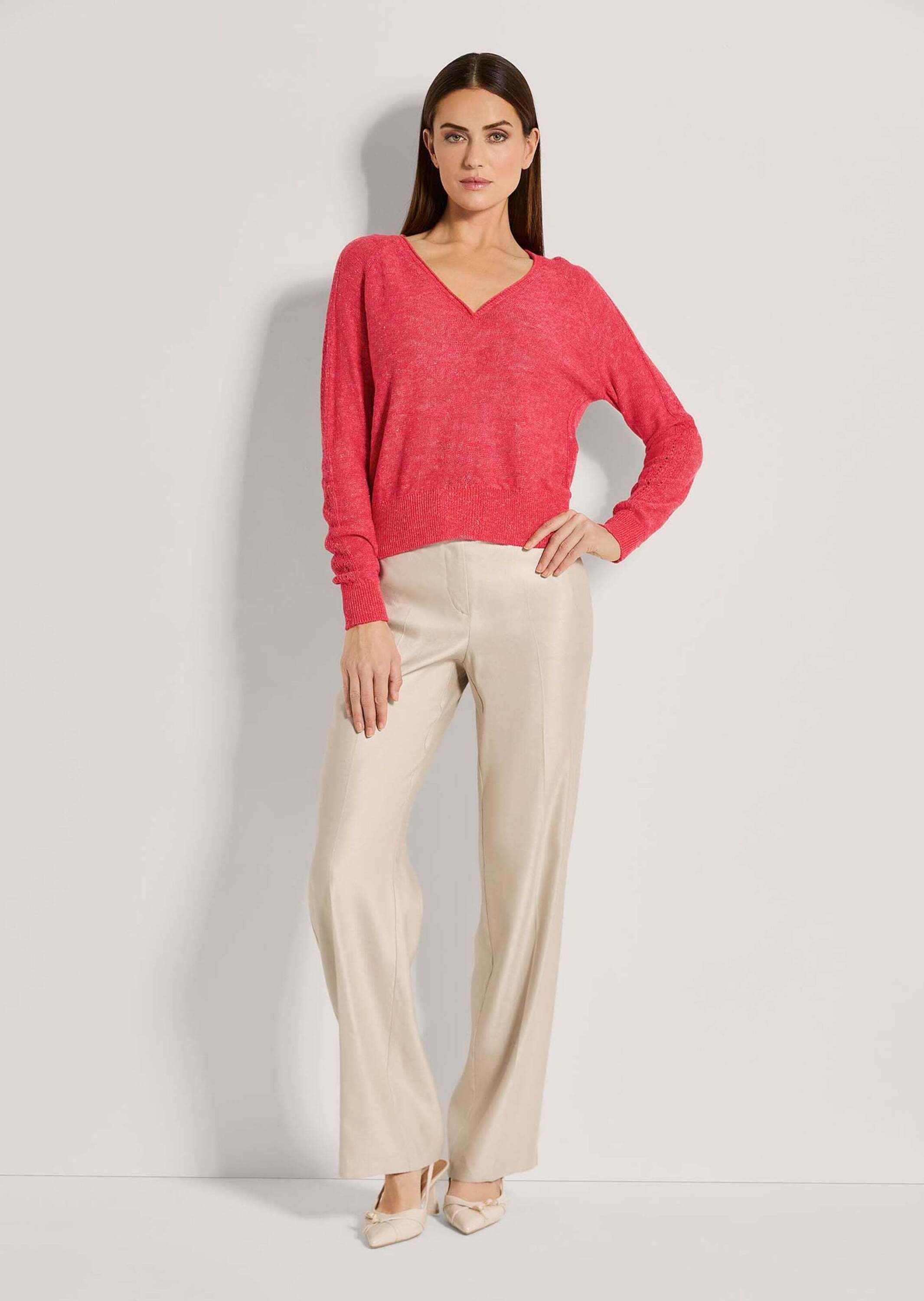 MADELEINE Longpullover »Pullover V-Pullover mit Pointelle-Muster«