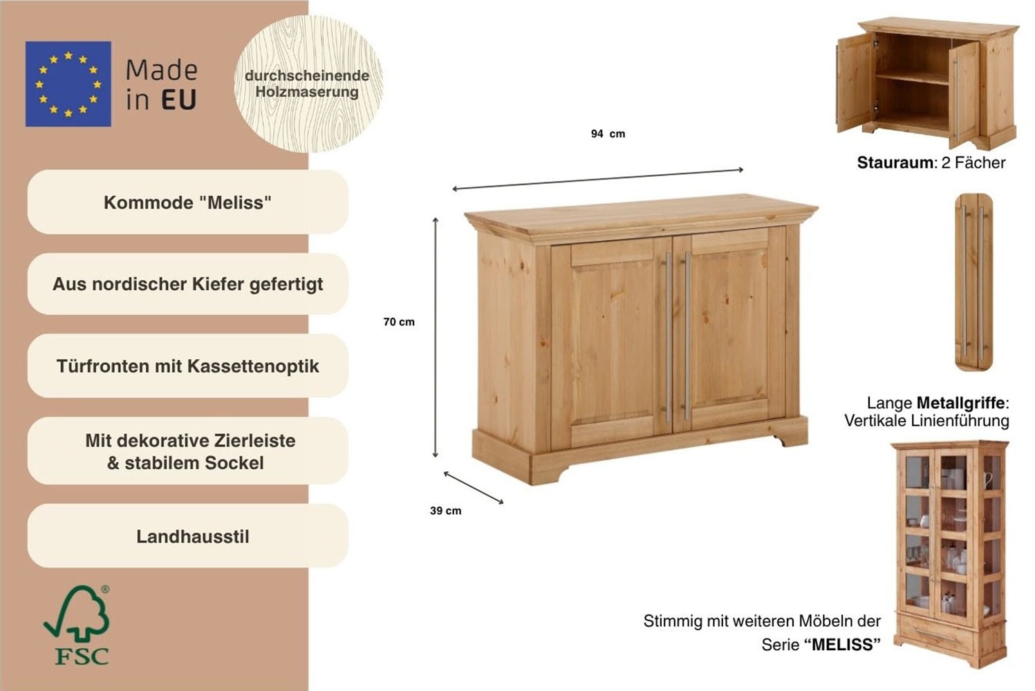 OTTO home Sideboard »Meliss« Kommode im klassischen Landhausstil, Massivholz, FSC®, Breite 94 cm