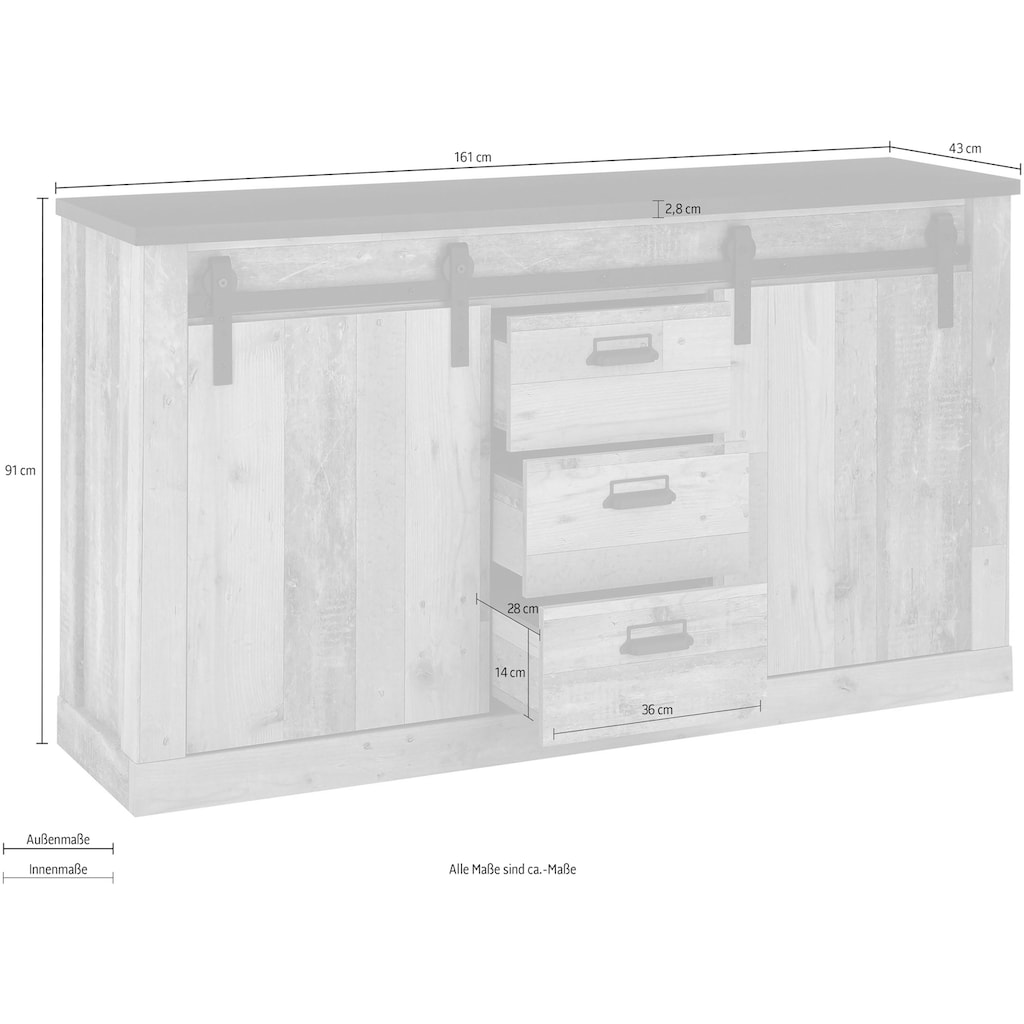 Home affaire Sideboard »SHERWOOD«, Holz Dekor, mit Scheunentorbeschlag und Apothekergriffen, Breite 161cm