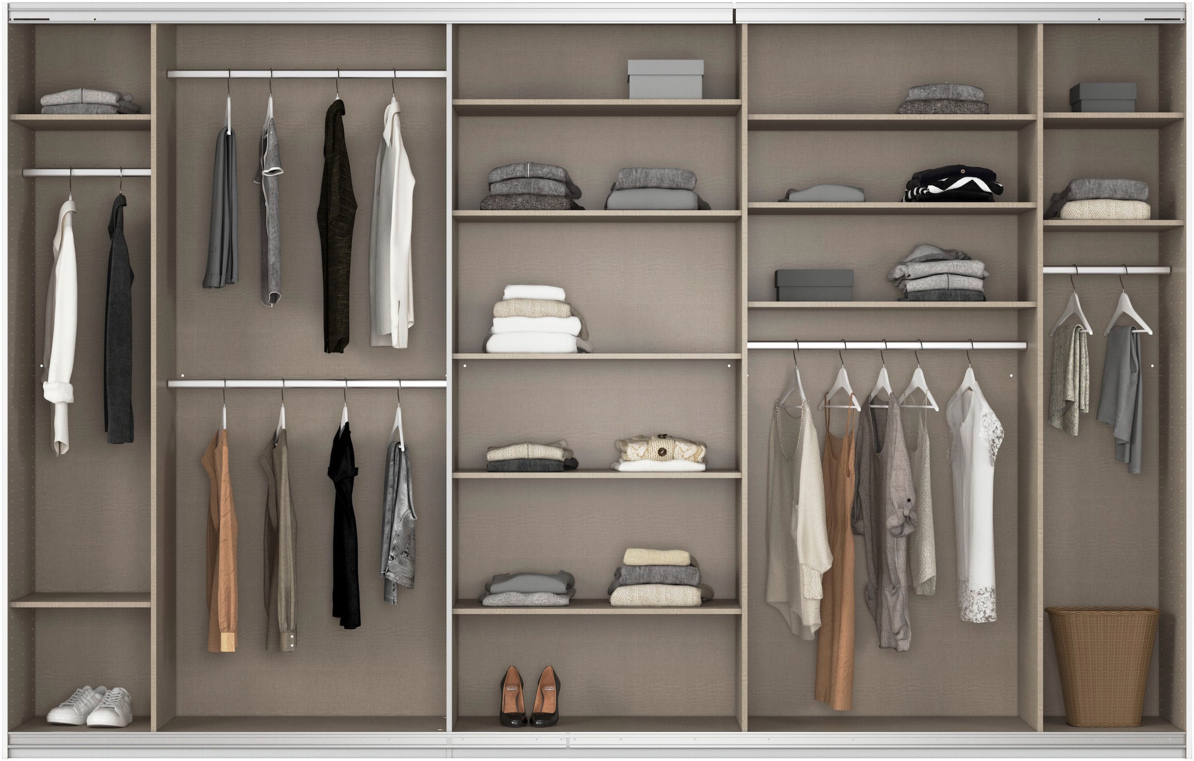 rauch Schwebetürenschrank »Kleiderschrank Schrank Garderobe AGORDO mit Dekor- oder Hochglanzfront«, (in zwei Griff-Farben), durchdachte Innenausstattung, in 4 Breiten und 2 Höhen MADE IN GERMANY