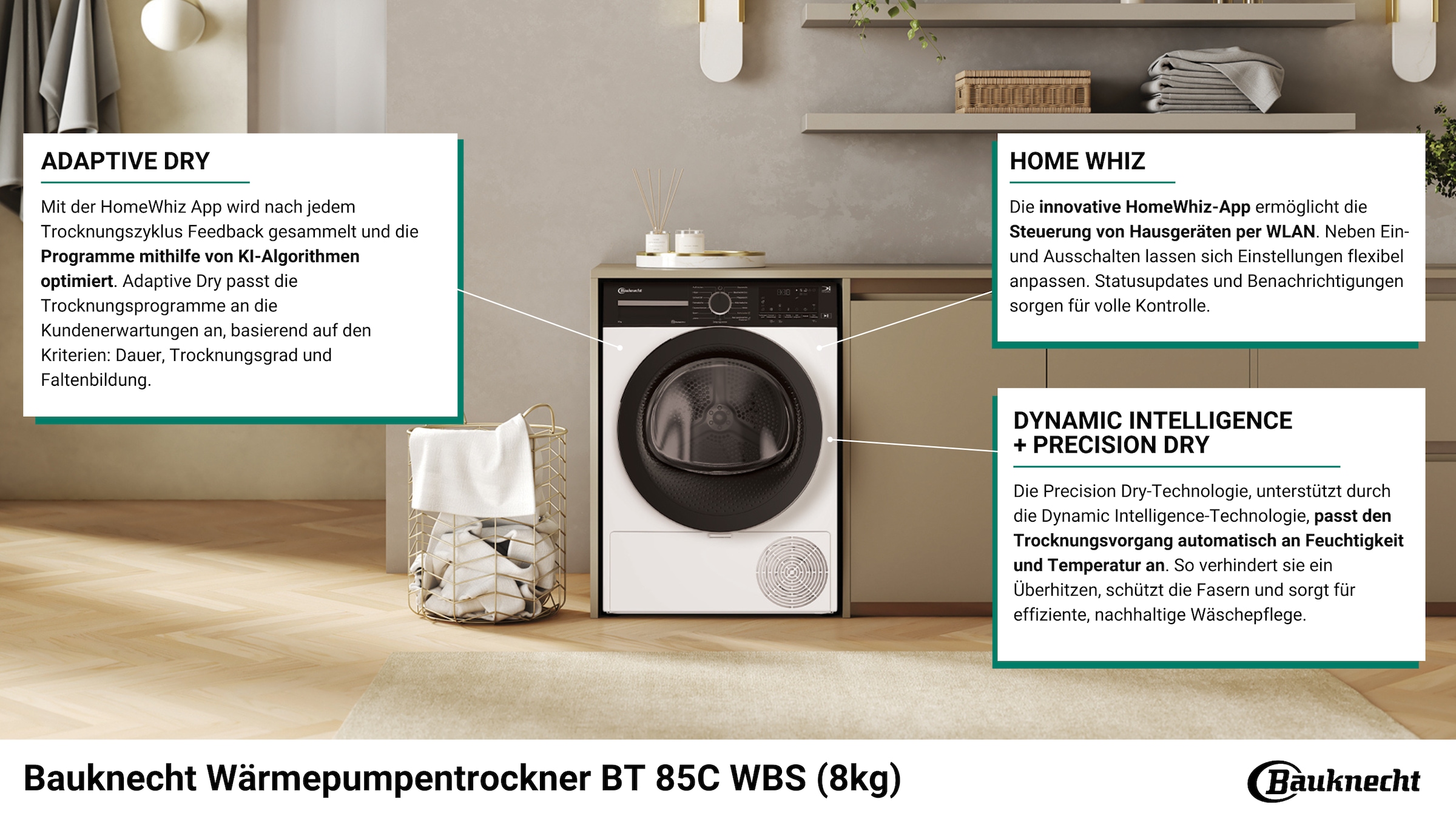 BAUKNECHT Wärmepumpentrockner »BT 85C WBS«, HomeWhiz App