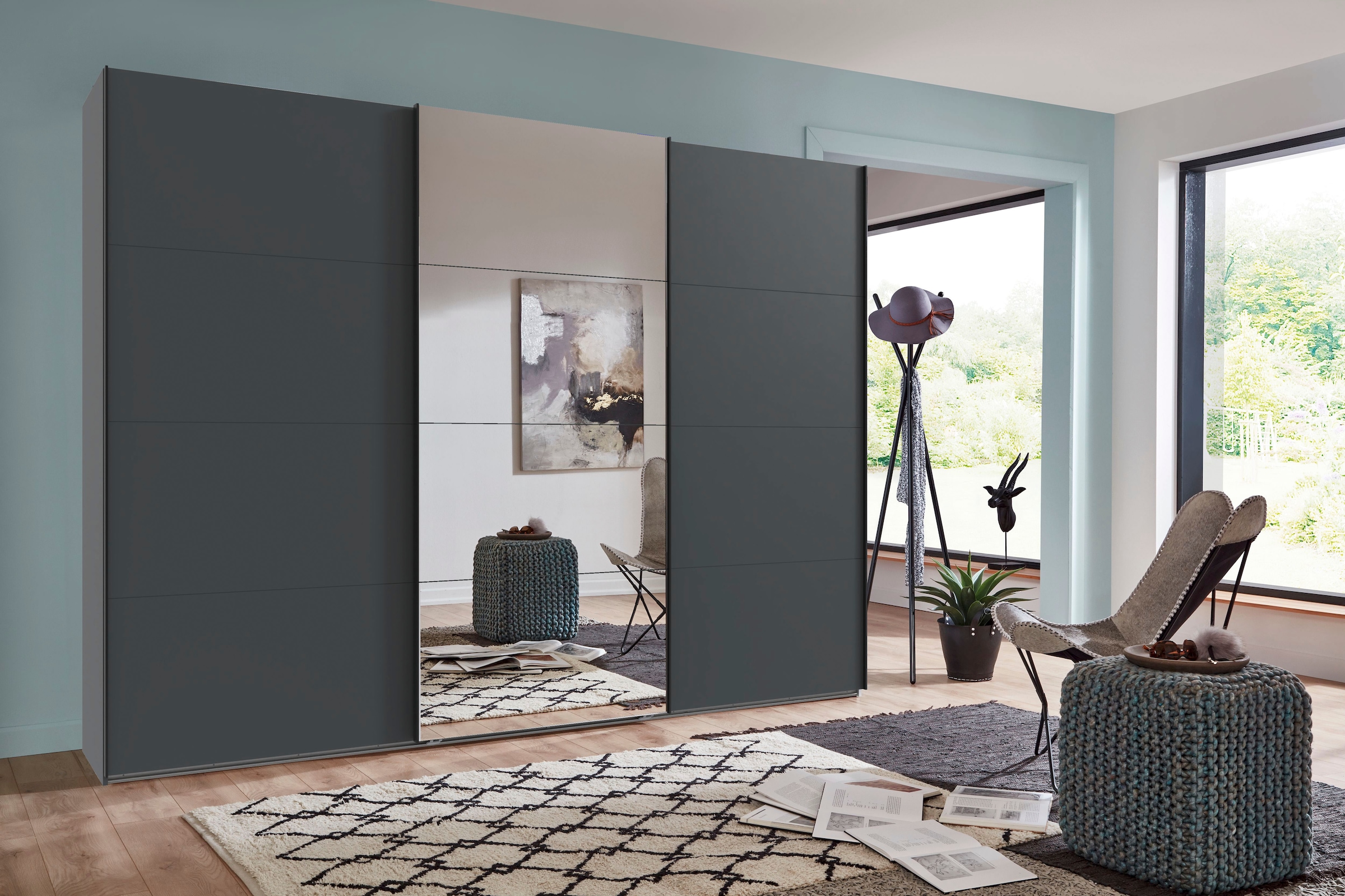 Wimex Schwebetürenschrank »Mugano, Made in Germany, Lieferung bis in Deine Etage und Stellort«, (wähle Deine Ausstattung: Basic oder Premium!), 3 Schwebetüren, große Größen, mit oder ohne Spiegel, Metallgriffe
