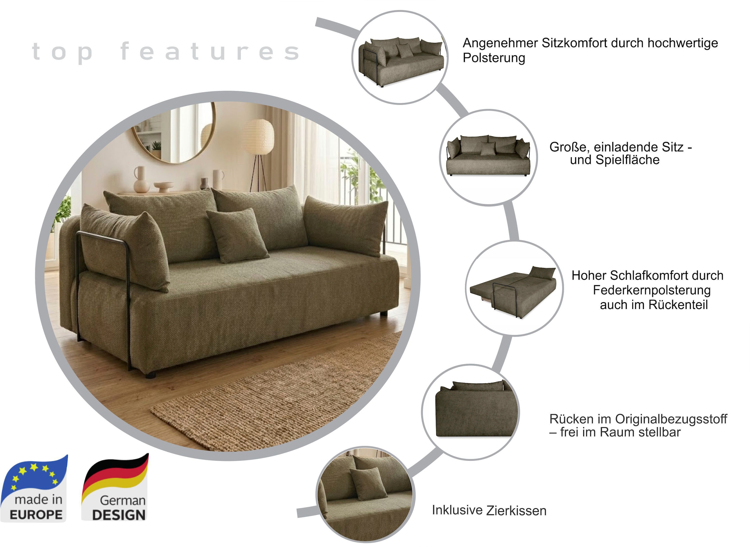 COLLECTION AB Schlafsofa »Maria« Schlaffunktion,Bettkasten,Bonnelfederkern,Moderne Armlehnen aus Metall