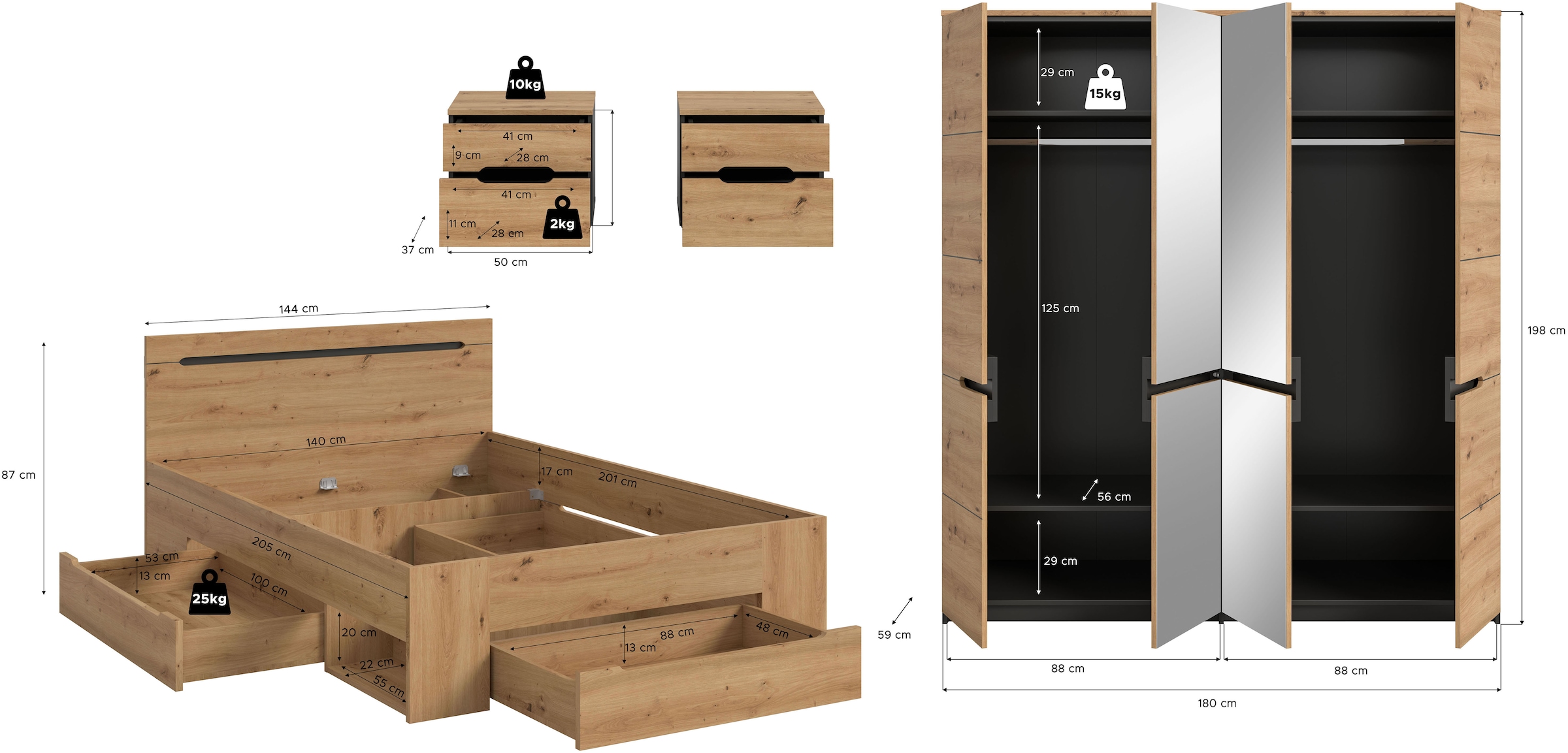 Home affaire Schlafzimmer-Set »REHAT, 4-teilig, best. aus: Bett, Kleiderschrank & 2x Nachtkommode«