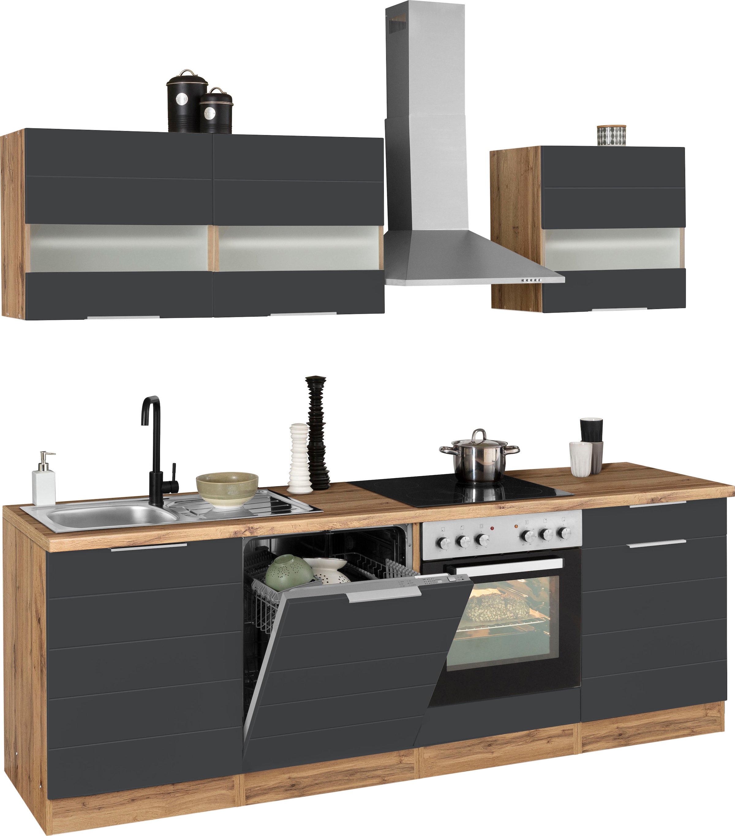 KOCHSTATION Küchenzeile »KS-Luhe« 240 cm breit, wahlweise mit oder ohne E-Geräten, gefräste MDF-Fronten