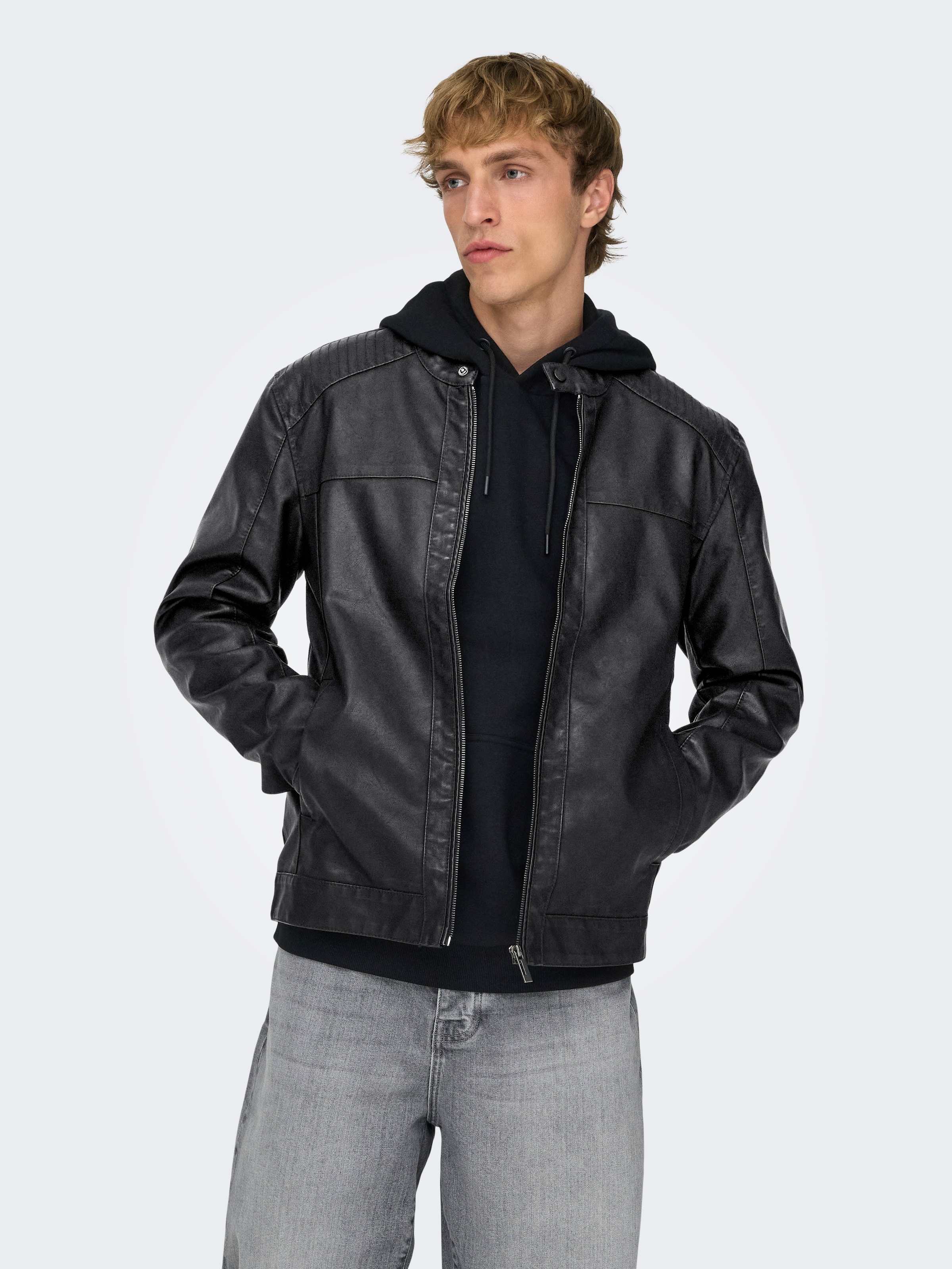 ONLY & SONS Bikerjacke "MIKE PU RACER JACKET" ohne Kapuze