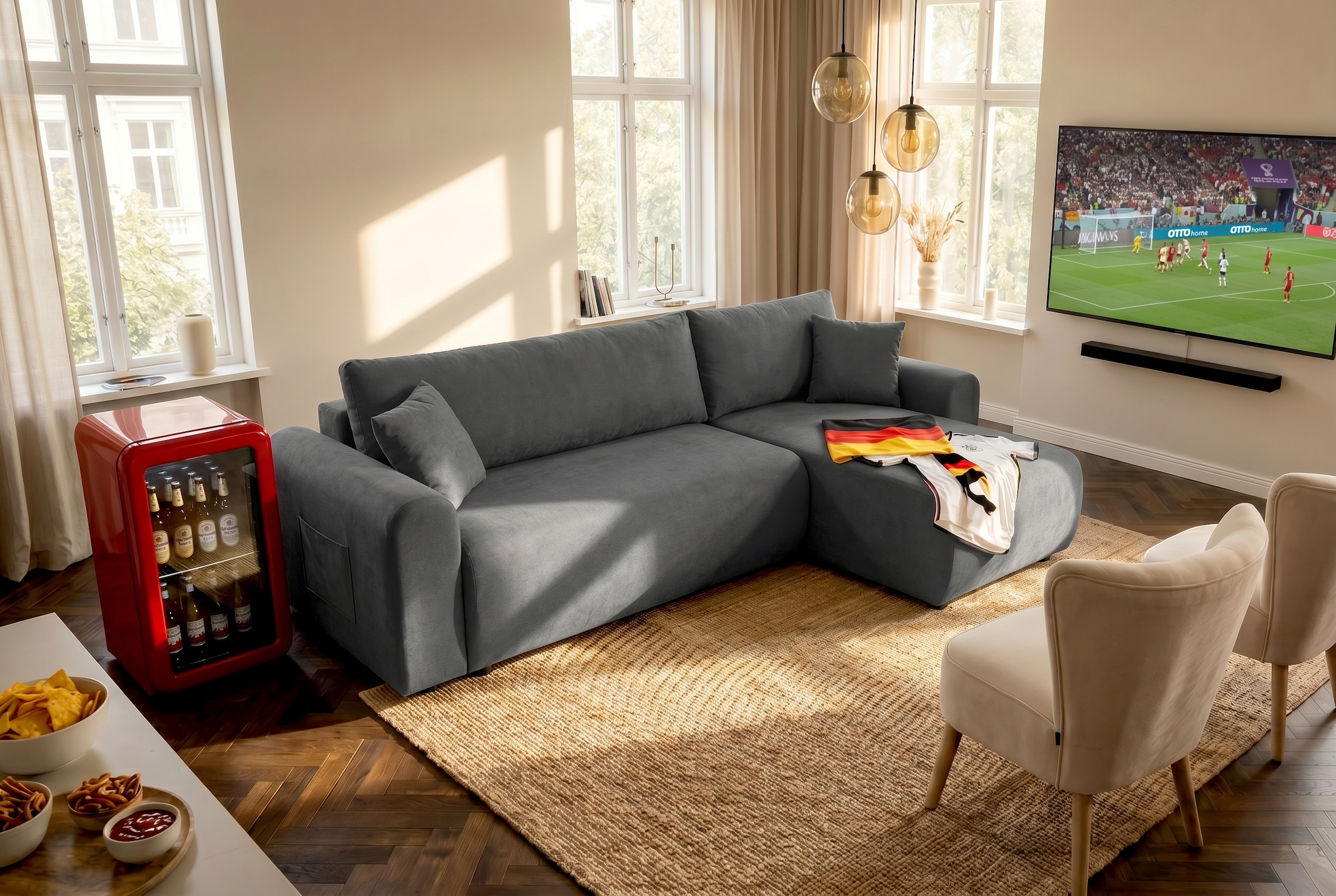 OTTO home Ecksofa »JONAA L-Form, 241cm /Schlafsofa (133/200) OTTO. Verlässliche Qualität« Tonnentaschen-Federkern, Bettkasten, Cord, Struktur