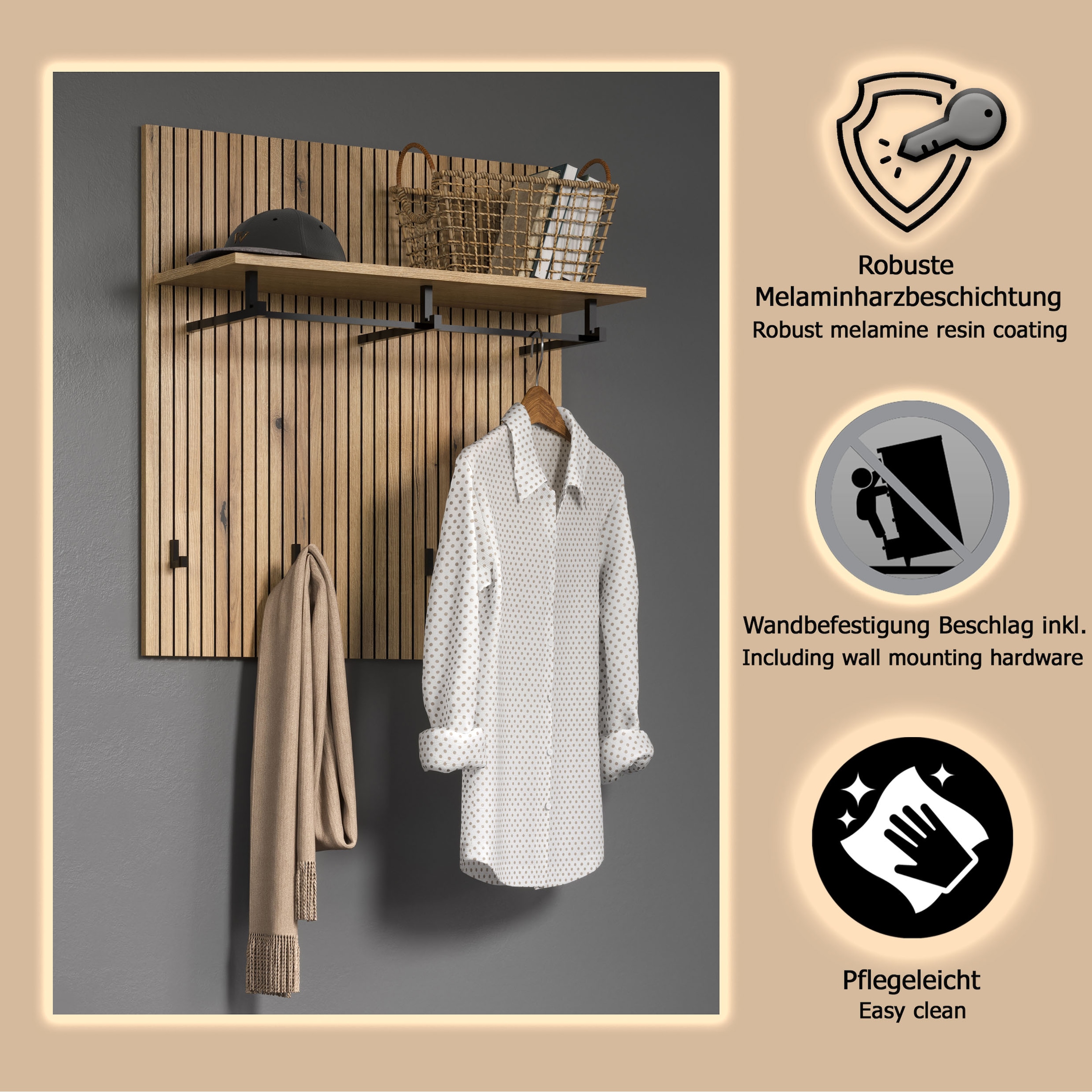 Home affaire Garderobenpaneel »Amrum« 1 Stk. tlg. Wandpaneel mit Ablage, 1 Kleiderstange & 4 Haken - (B/T/H) 80/28/84 cm