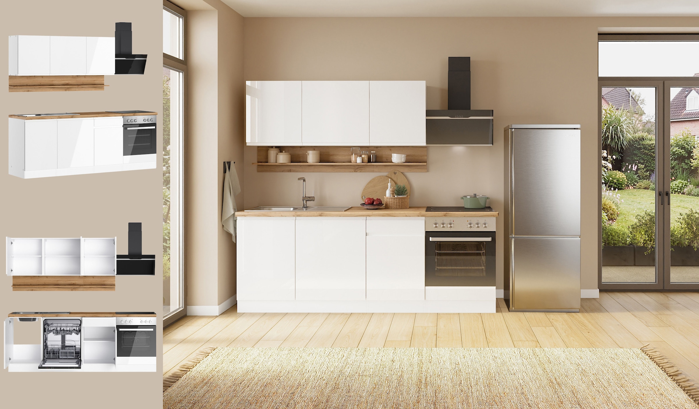 KOCHSTATION Küchenzeile »KS-Virginia,neu in verbesserter Ausführung« Arbeitsplatte 38 mm stark, Stauraum, Softclose,  Breite 220 cm, Soft-Close, wahlweise mit E-Geräten