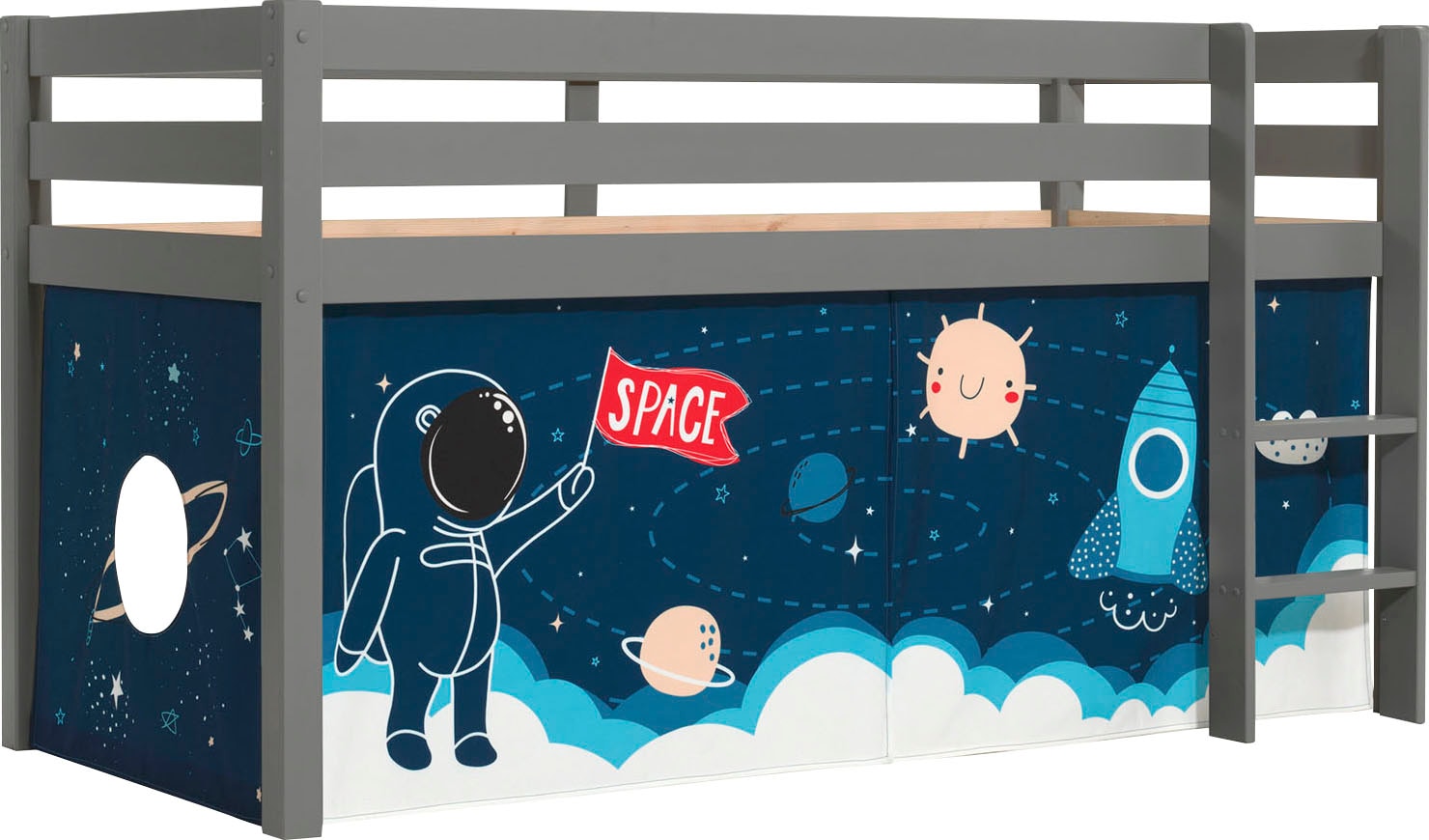 Vipack Spielbett »Pino, Kiefer massiv, mit Rolllattenrost u. Textil-Set, Made in Europe«, (B/H/T ca. 210x114x106cm, mit Leiter und Absturzschutz), verschiedene Textil Dessins, 3 Gestellfarben zur Wahl
