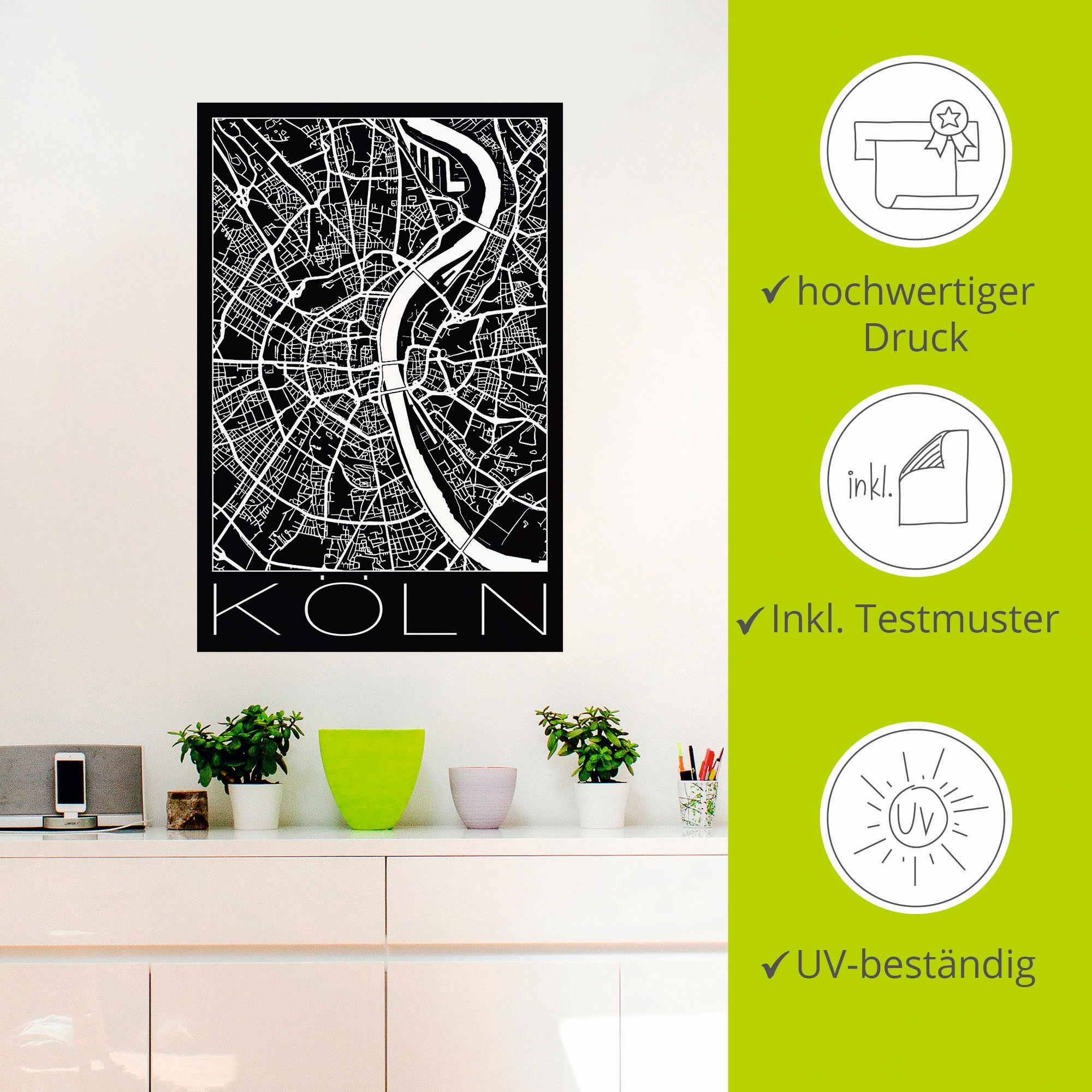 Artland Wandbild »Retro Karte Köln Deutschland Schwarz«, Deutschland, (1 St.), als Poster, Wandaufkleber in verschied. Größen