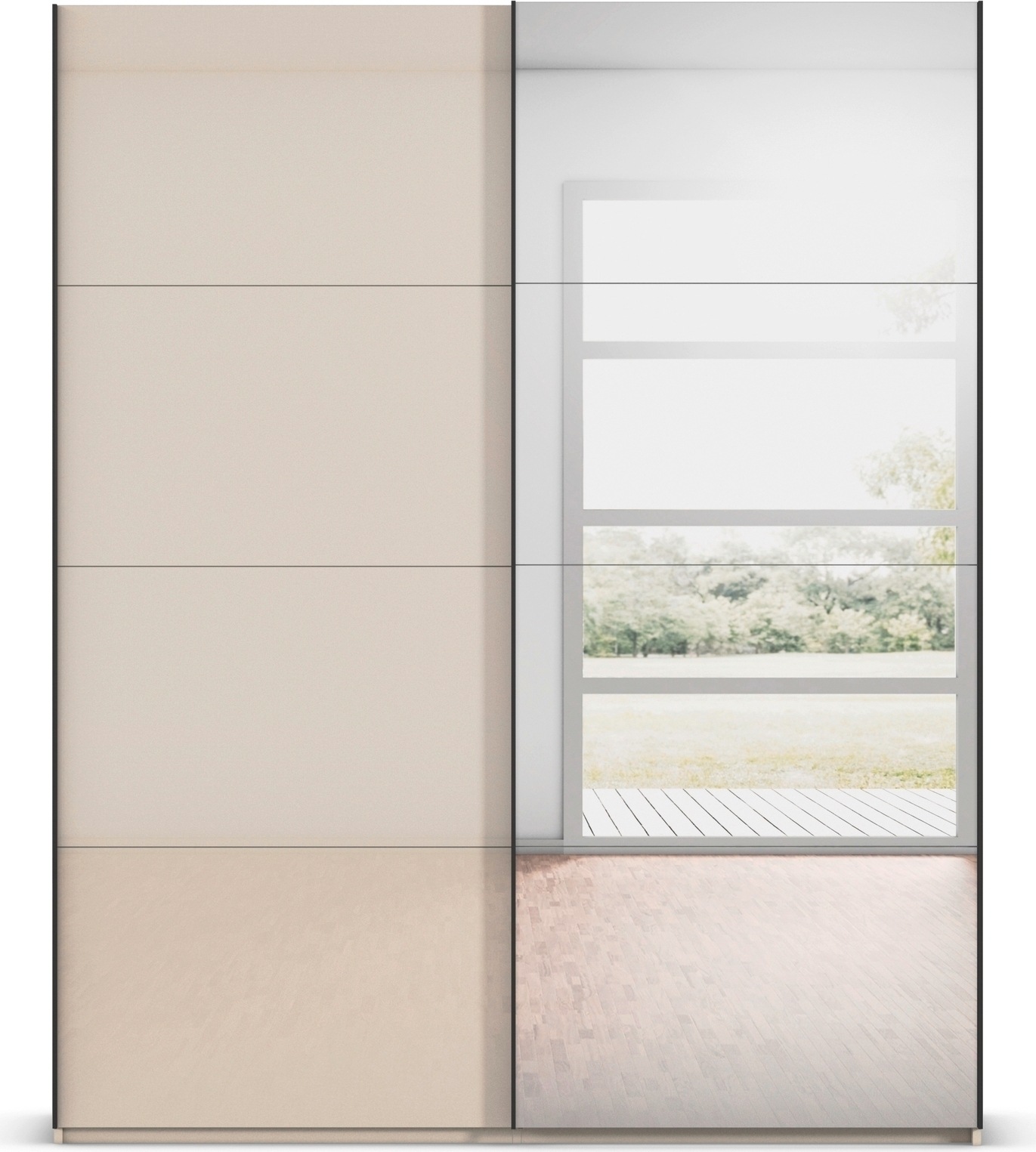 rauch Schwebetürenschrank »Kleiderschrank Schrank Garderobe Schlafzimmerschrank SCALE-FYRA«, edle viergeteilte Türen Spiegel/Glas-Mix viele Farben MADE IN GERMANY