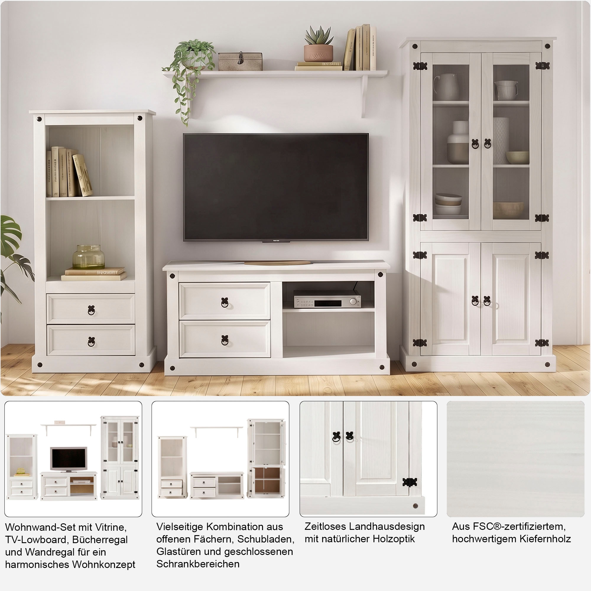 OTTO home Wohnwand »Mexiko Vitrine, Regal und TV-Board mit Metallgriffen« Set, 3 Stk. tlg.