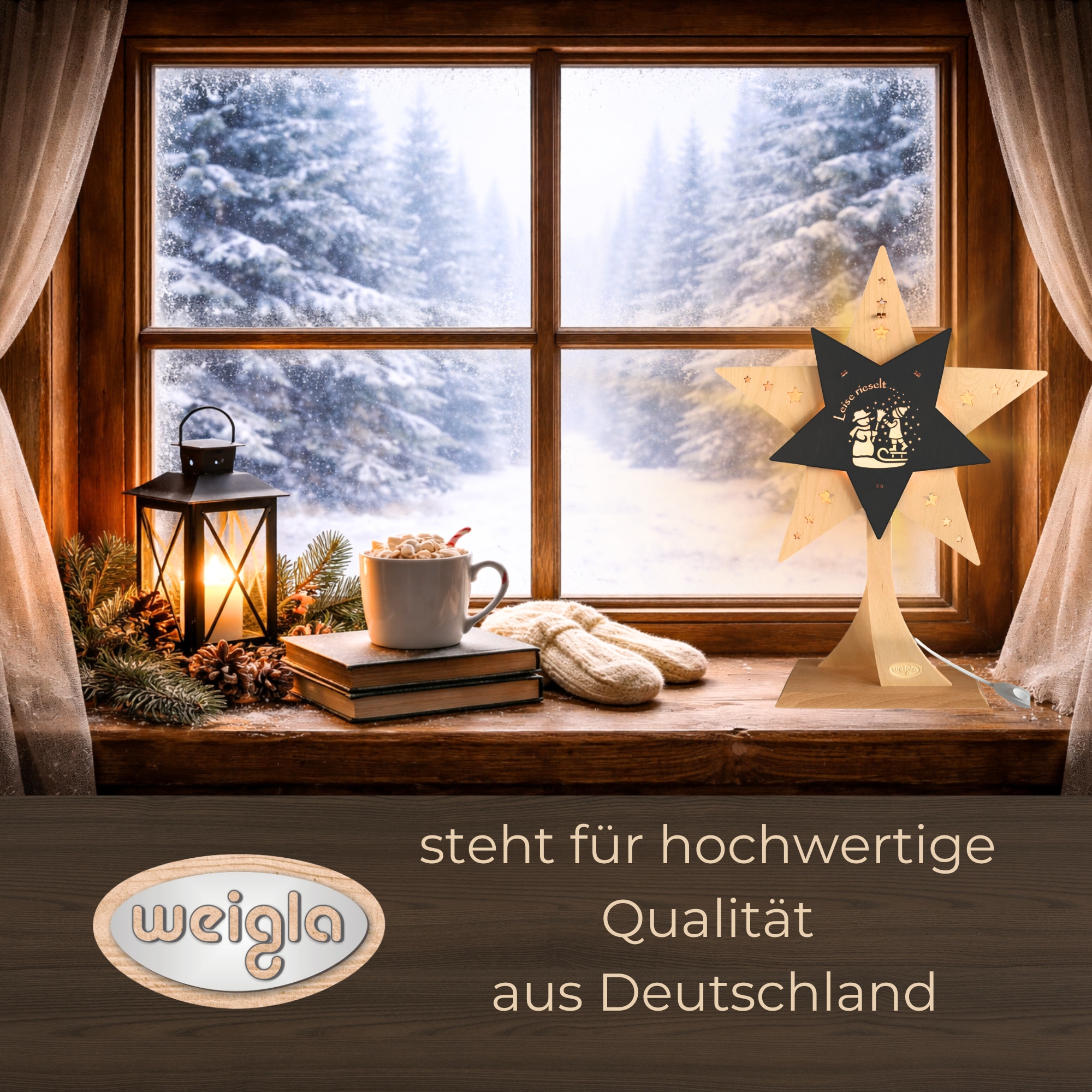 Weigla Dekostern »LED Leise rieselt der Schnee, Dekoleuchte aus Holz, NATUR-GRAU«