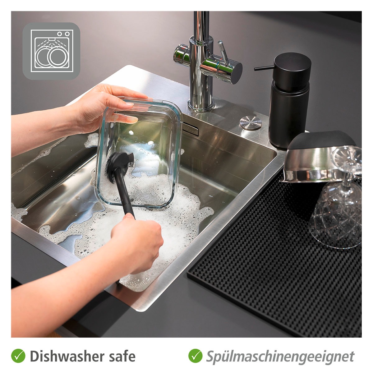 WENKO Küchenorganizer-Set »Black Outdoor Kitchen Spül-Set«, (Set, 2 tlg.), Seifenspender, Spülbürste