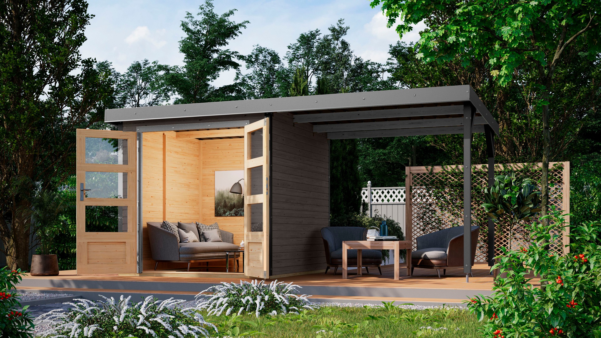 Karibu Gartenhaus »"Jupiter B SET"«, terragrau/staubgrau, mit Anbaudach