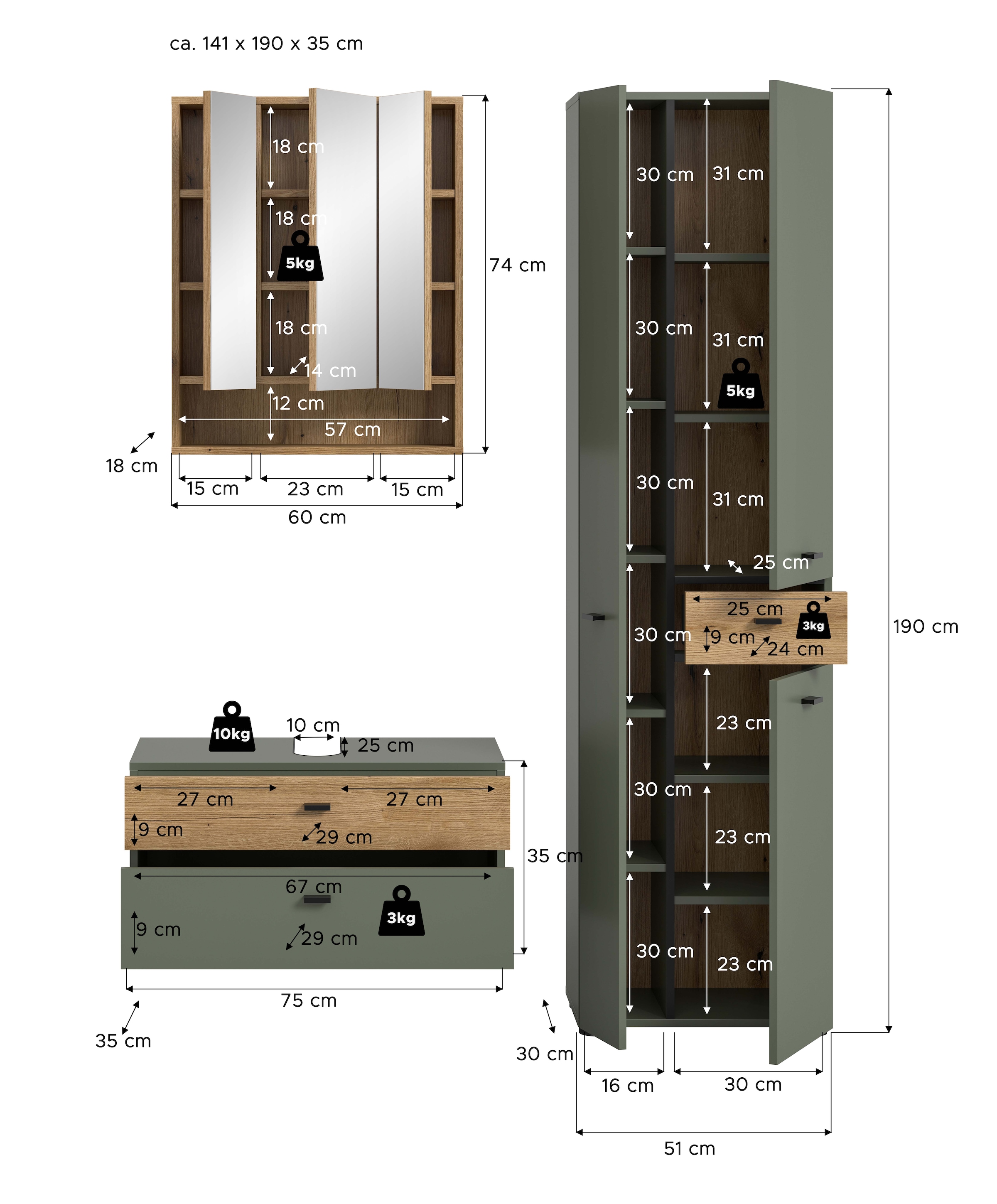 welltime Badmöbel-Set »VANN, 3-teilige moderne Badkombination, individuell stellbar« 1x Waschbeckenunterschrank, 1x Spiegelschrank, 1x Hochschrank, 3 Stk. tlg.